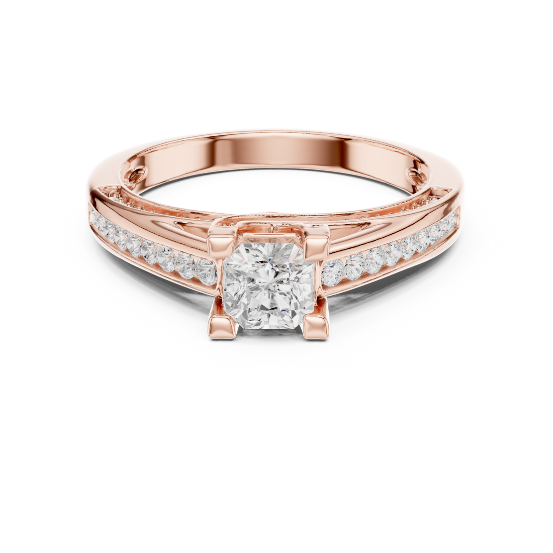 Radiant Cut Diamond Channel Set Side Stone Engagement Ring