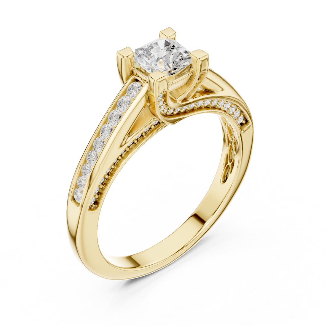 Radiant Cut Diamond Channel Set Side Stone Engagement Ring