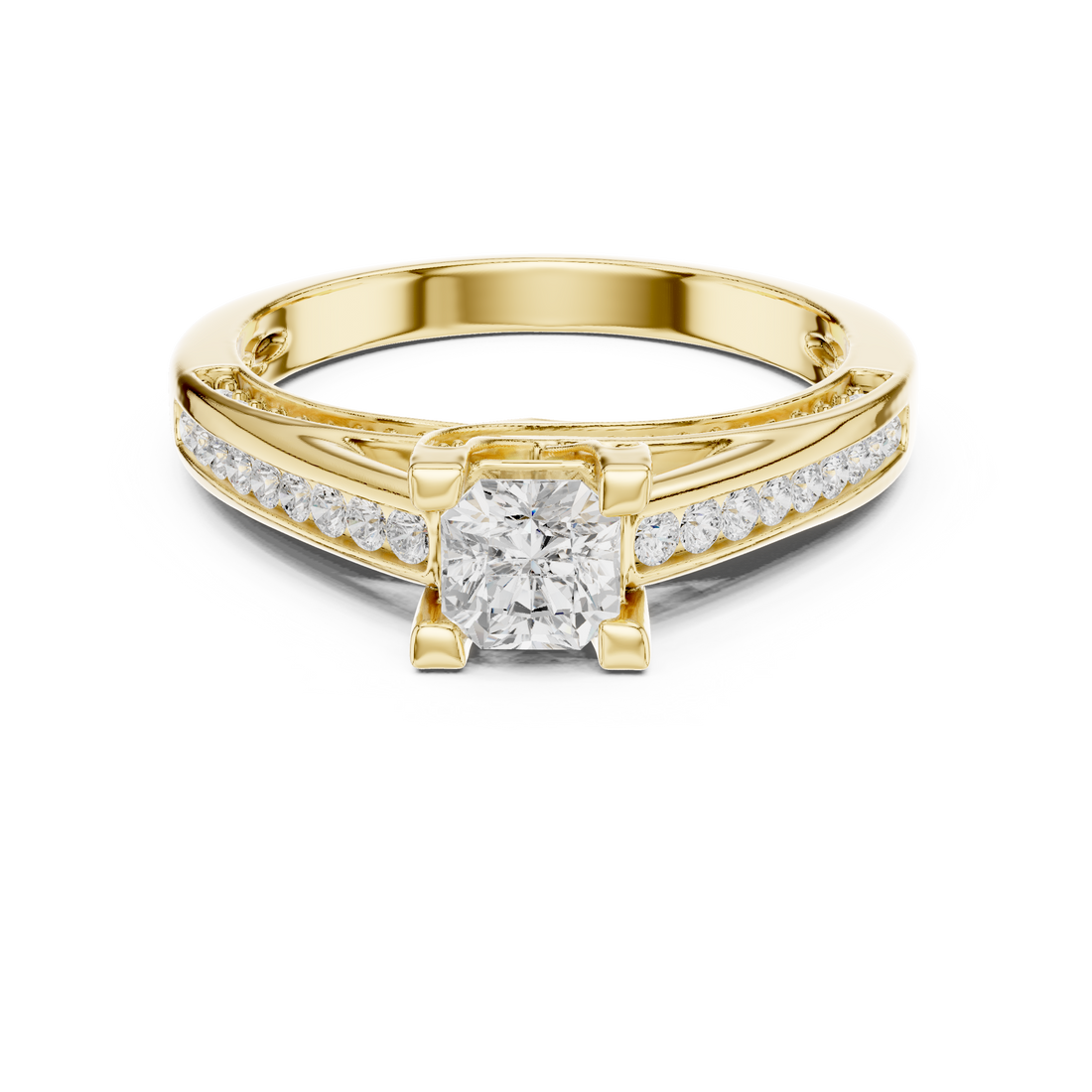 Radiant Cut Diamond Channel Set Side Stone Engagement Ring