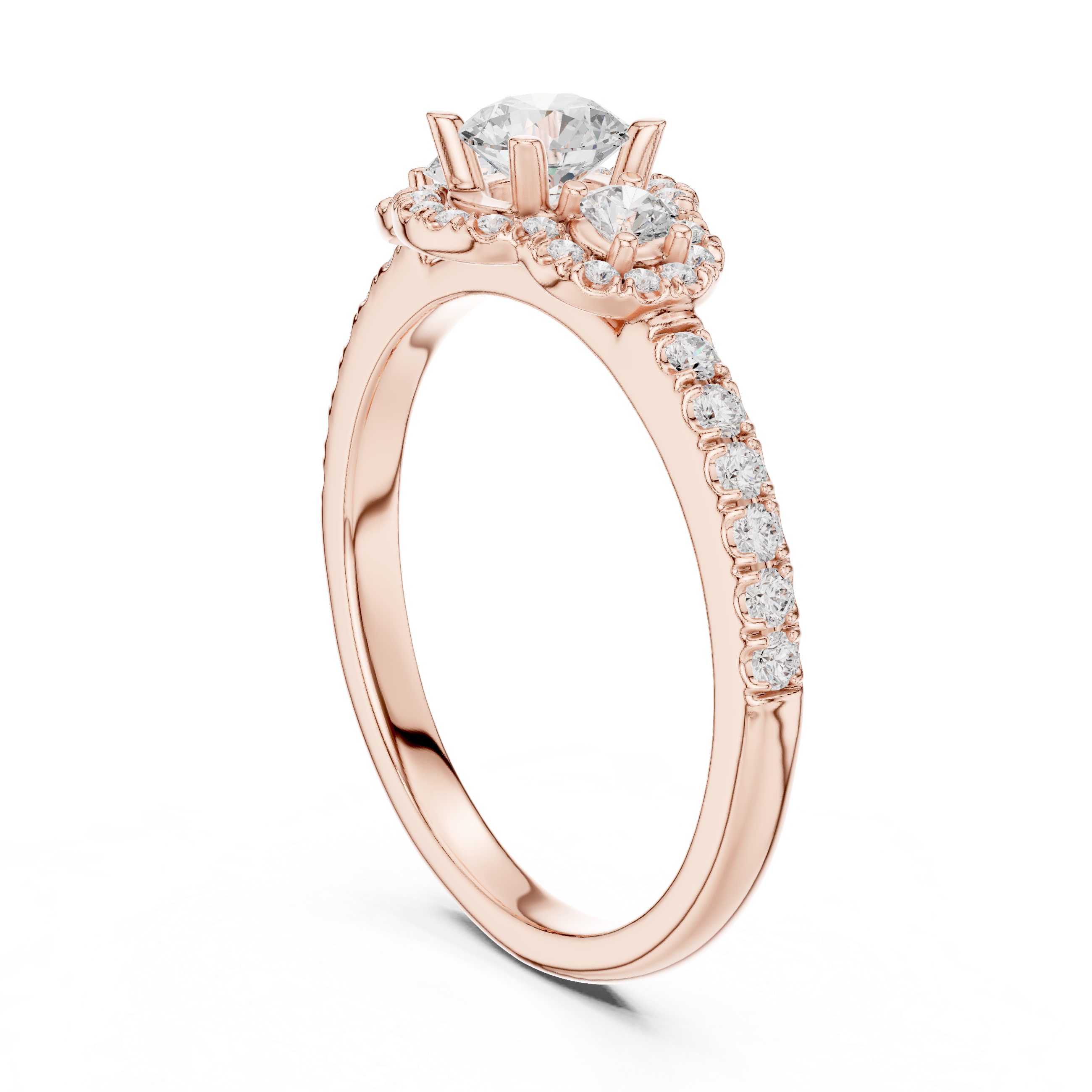 Round Brilliant Diamond Three Stone Halo Pavé Engagement Ring