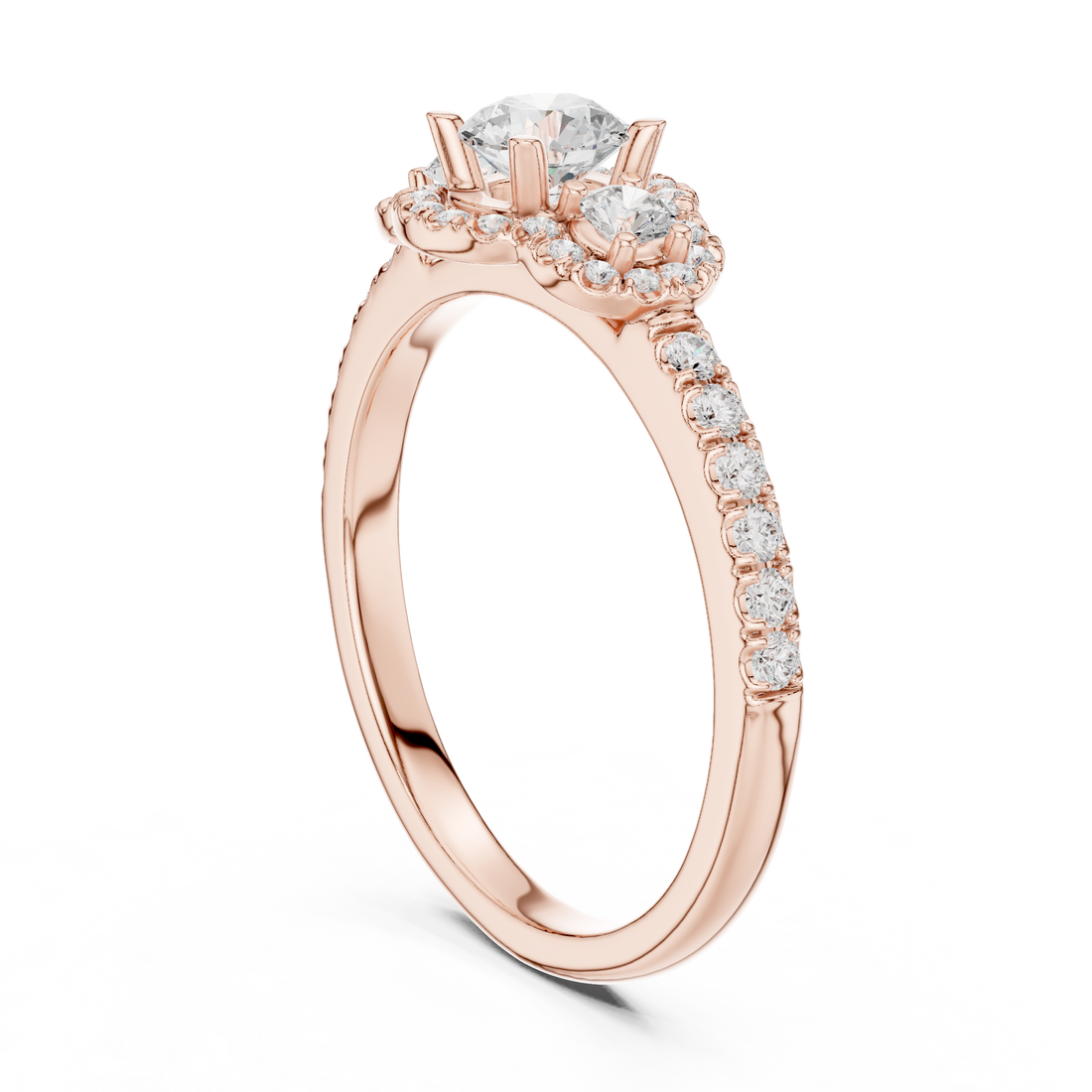 Round Brilliant Diamond Three Stone Halo Pavé Engagement Ring