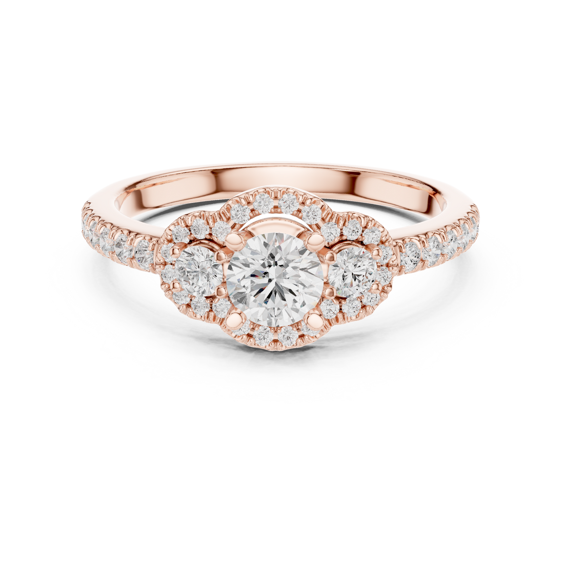 Round Brilliant Diamond Three Stone Halo Pavé Engagement Ring