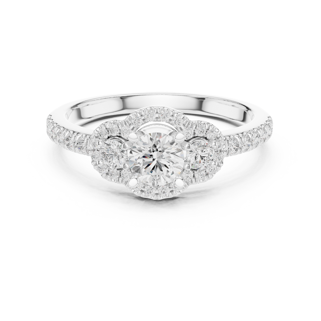 Round Brilliant Diamond Three Stone Halo Pavé Engagement Ring