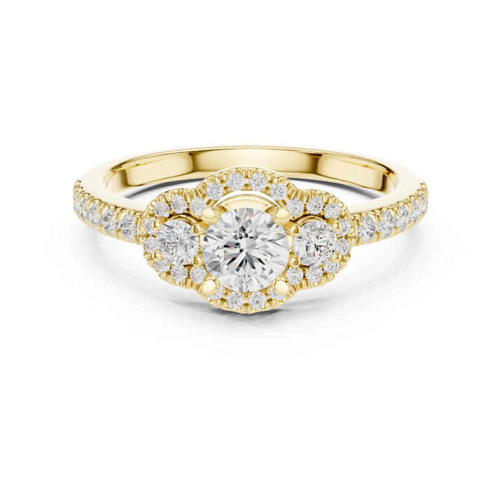 Round Brilliant Diamond Three Stone Halo Pavé Engagement Ring