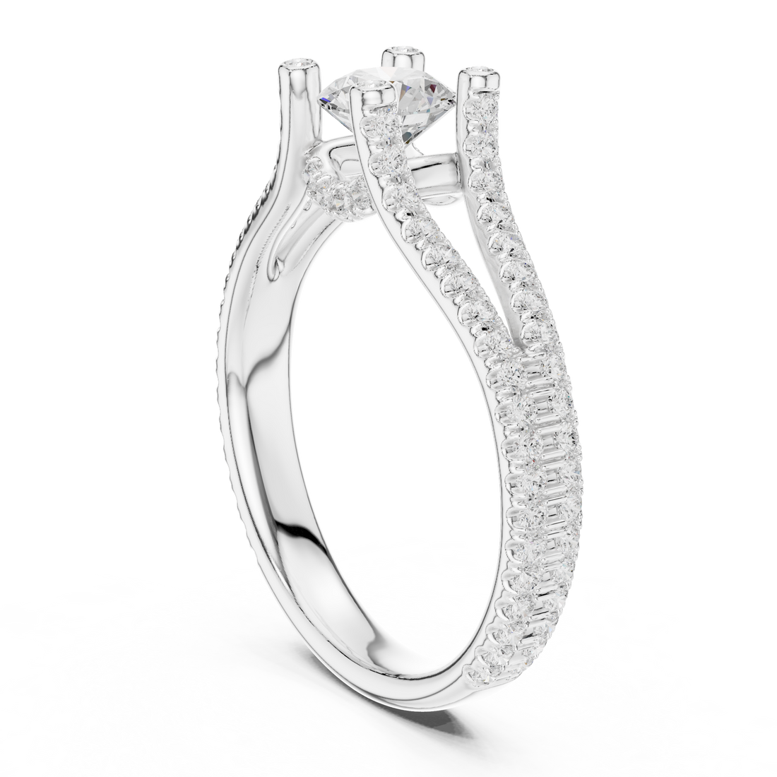 Round Brilliant Diamond Split Shank Pavé Engagement Ring