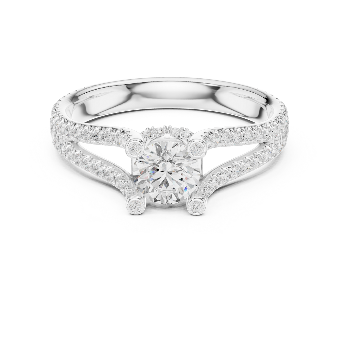 Round Brilliant Diamond Split Shank Pavé Engagement Ring
