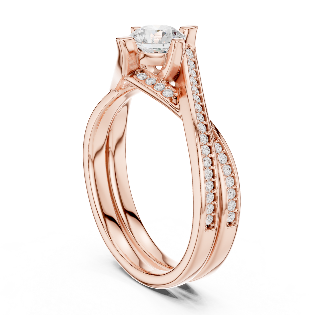 Round Brilliant Diamond Twist Bypass Pavé Engagement Ring