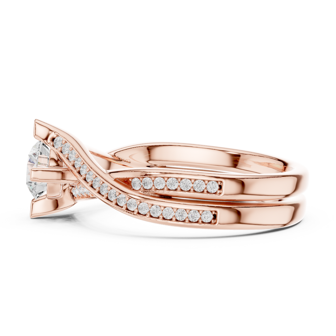 Round Brilliant Diamond Twist Bypass Pavé Engagement Ring