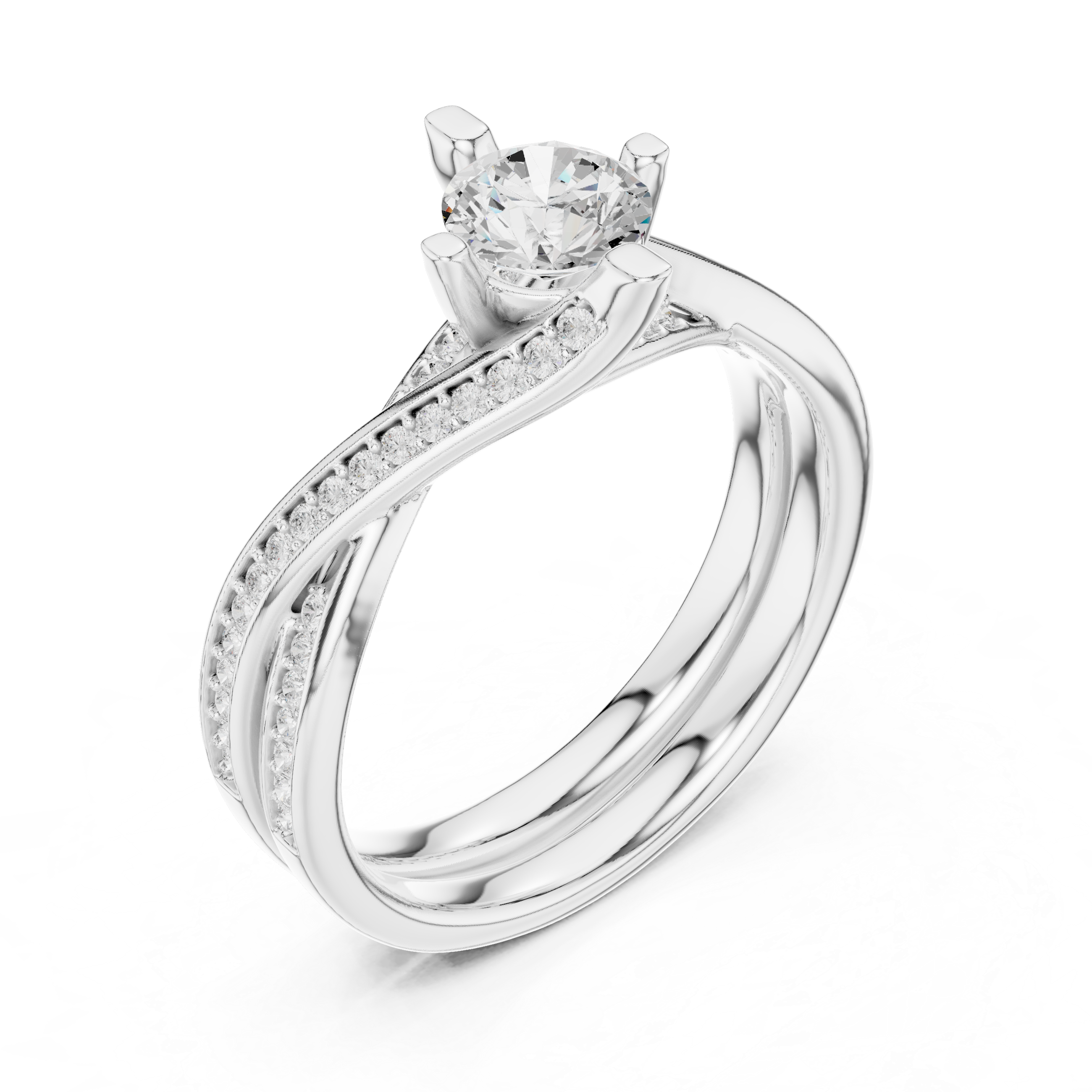 Round Brilliant Diamond Twist Bypass Pavé Engagement Ring