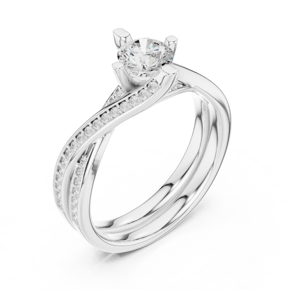 Round Brilliant Diamond Twist Bypass Pavé Engagement Ring