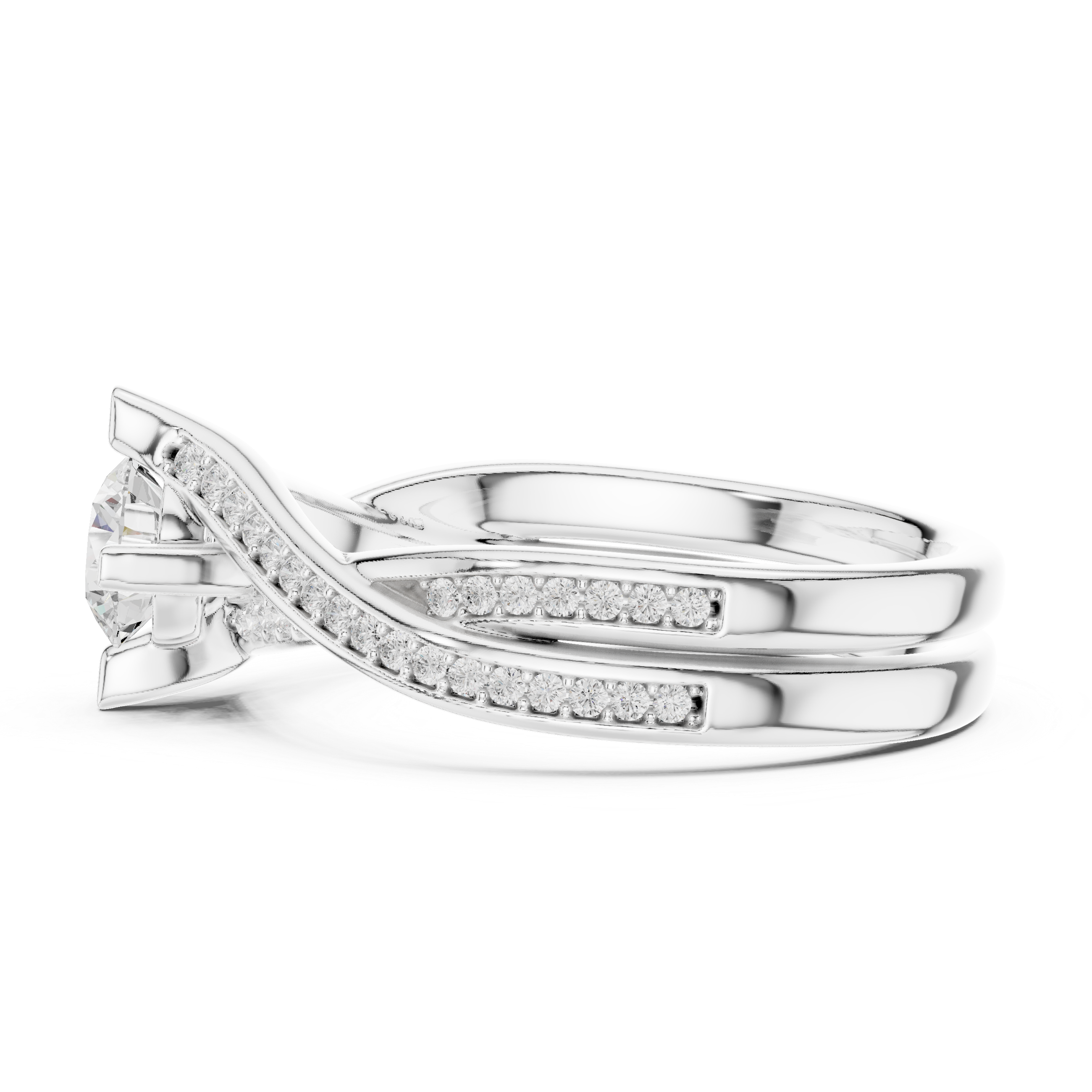 Round Brilliant Diamond Twist Bypass Pavé Engagement Ring