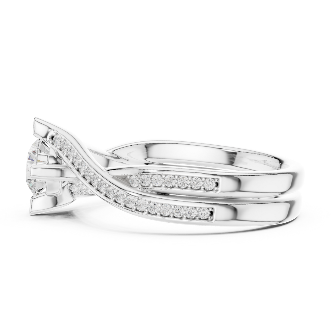 Round Brilliant Diamond Twist Bypass Pavé Engagement Ring