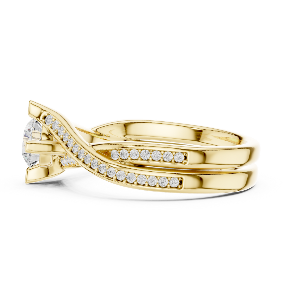 Round Brilliant Diamond Twist Bypass Pavé Engagement Ring