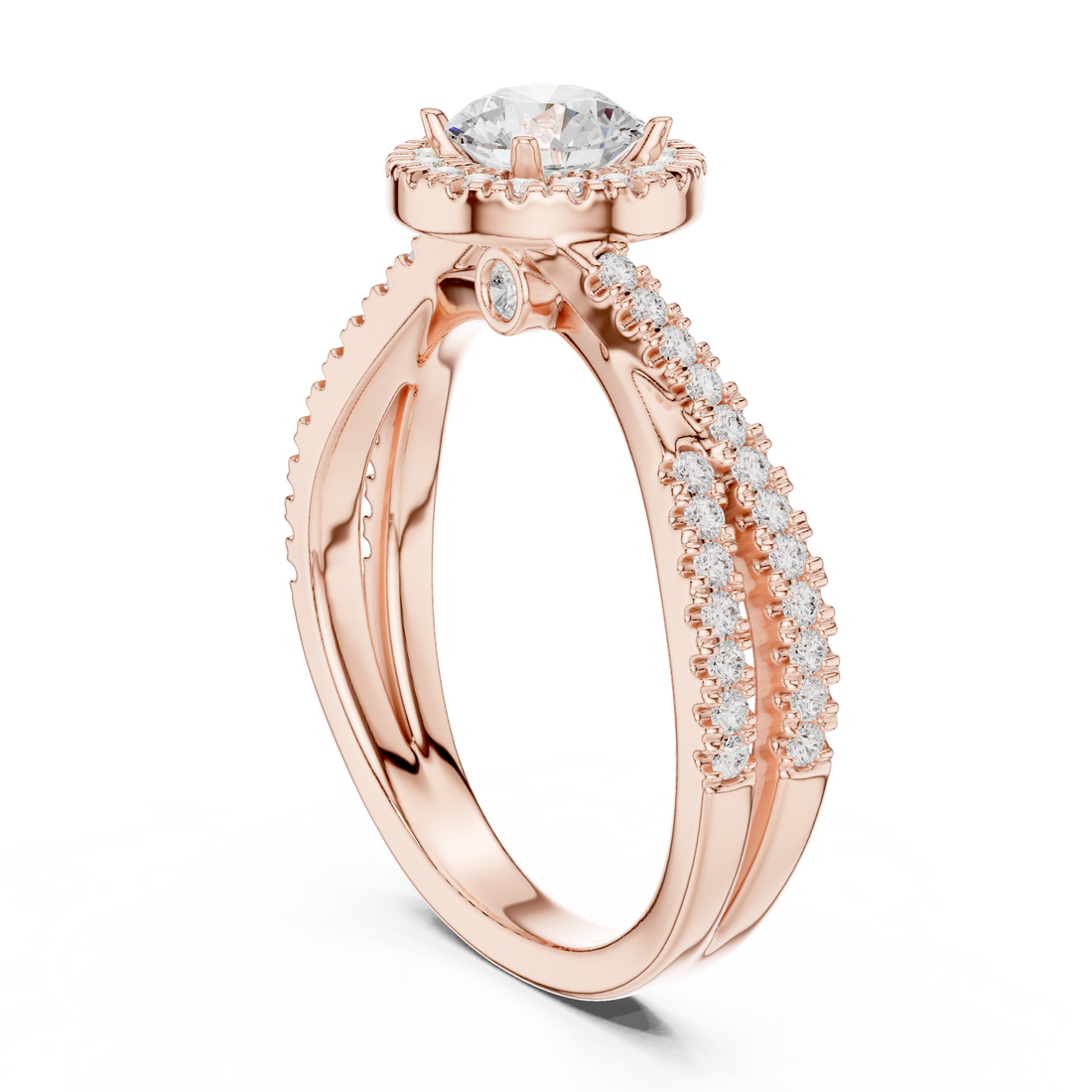 Round Brilliant Diamond Twist Split Shank Pavé Solitaire Engagement Ring