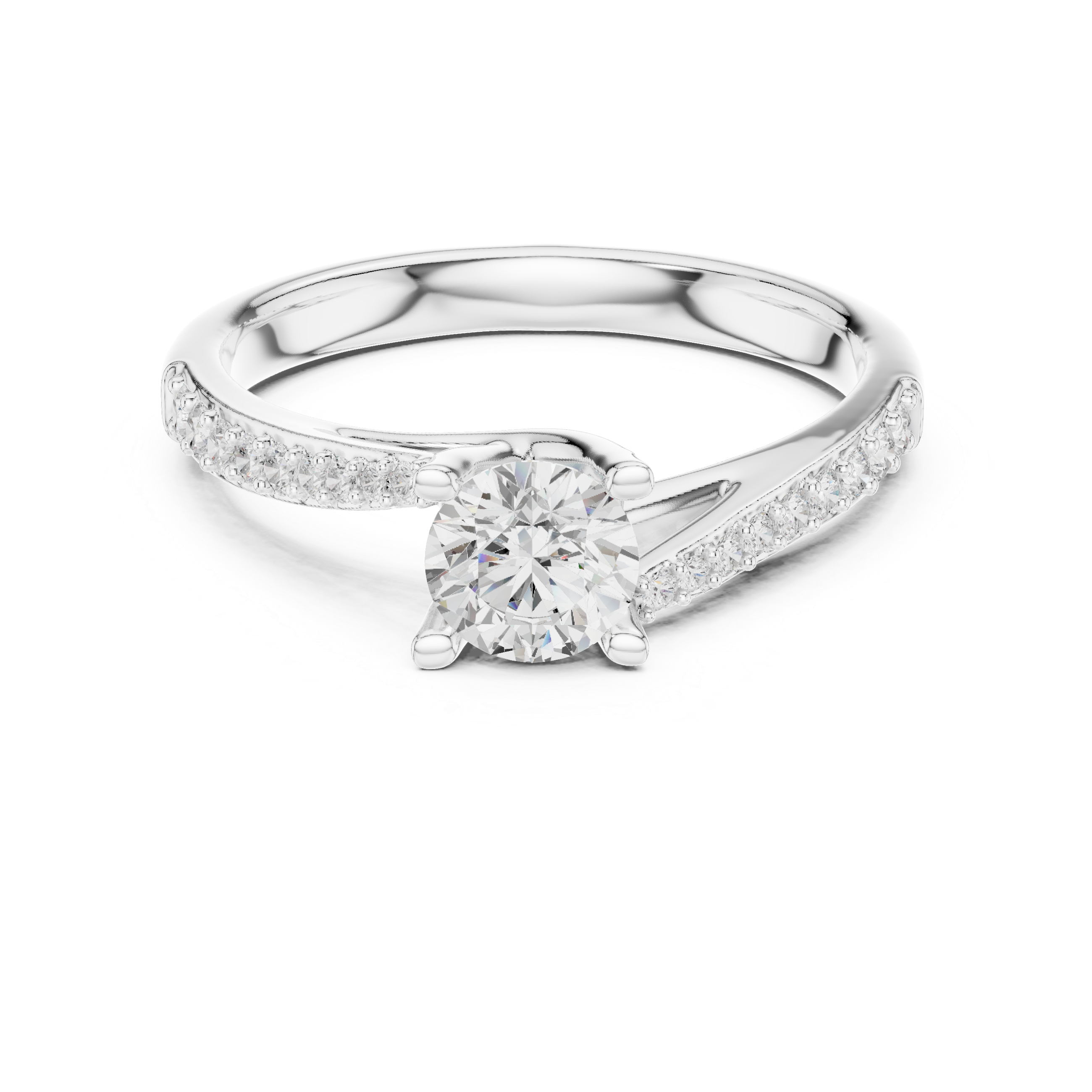 Round Brilliant Diamond Channel Set Side Stone Engagement Ring with Tapered Pavé Band