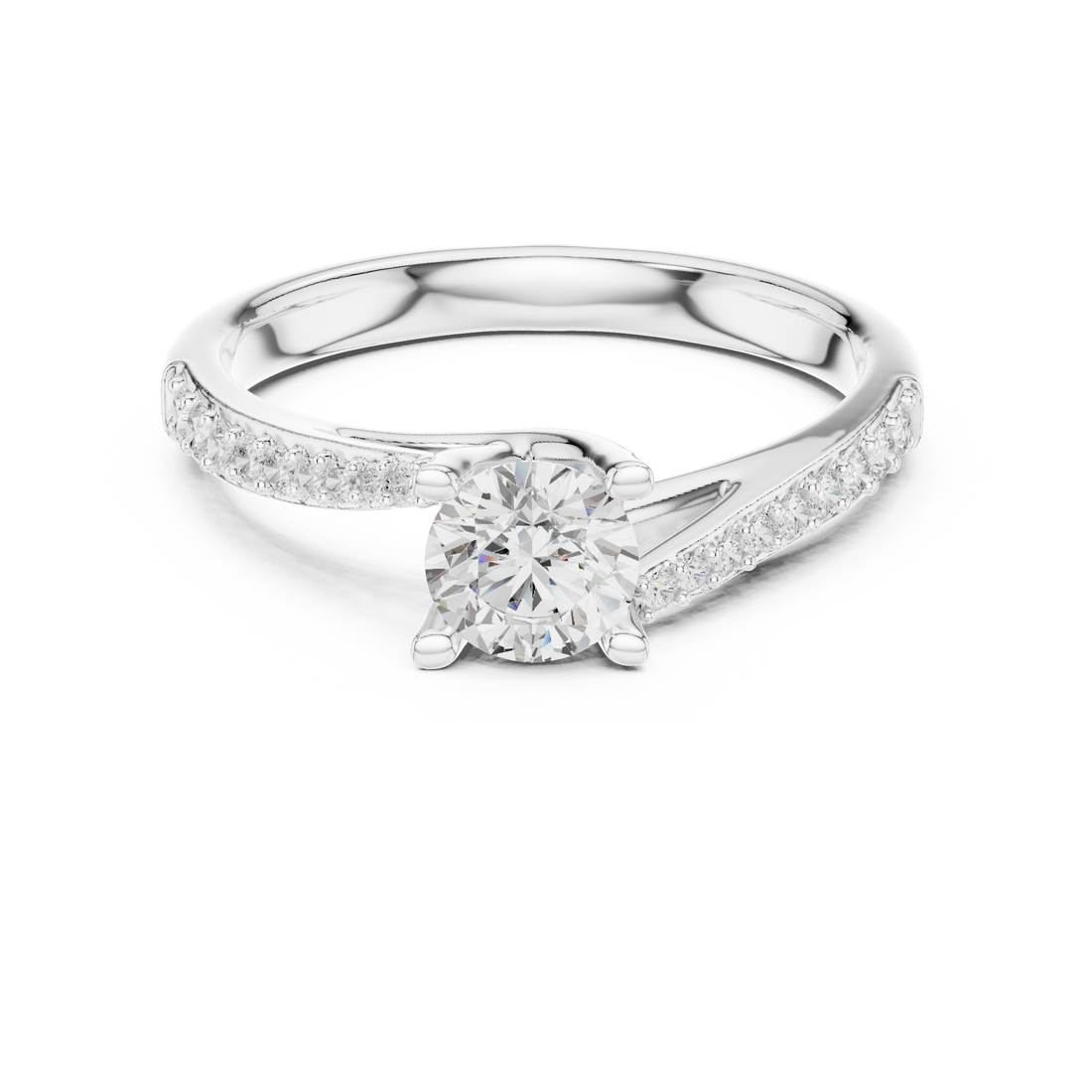 Round Brilliant Diamond Channel Set Side Stone Engagement Ring with Tapered Pavé Band