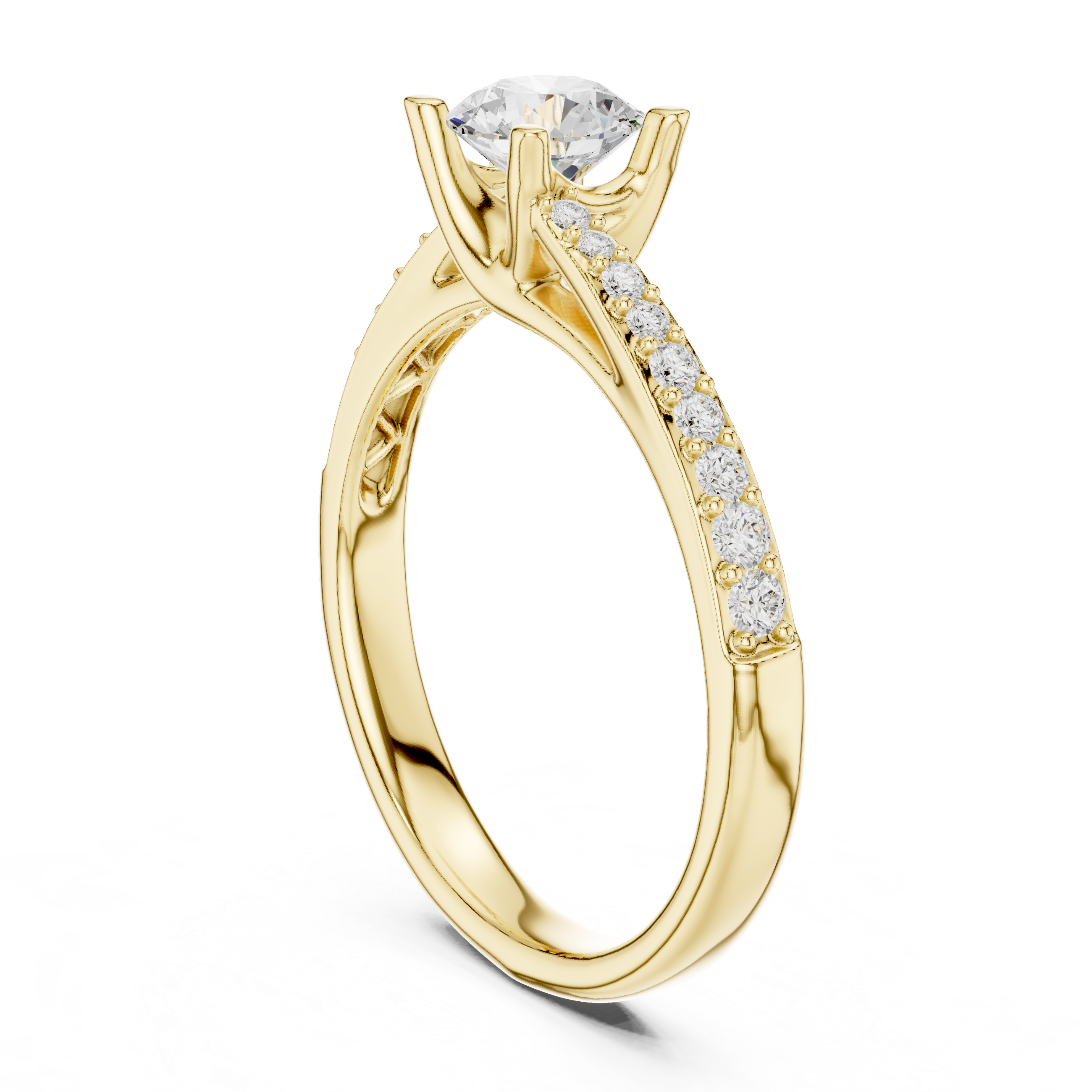 Round Brilliant Diamond Channel Set Side Stone Engagement Ring with Tapered Pavé Band