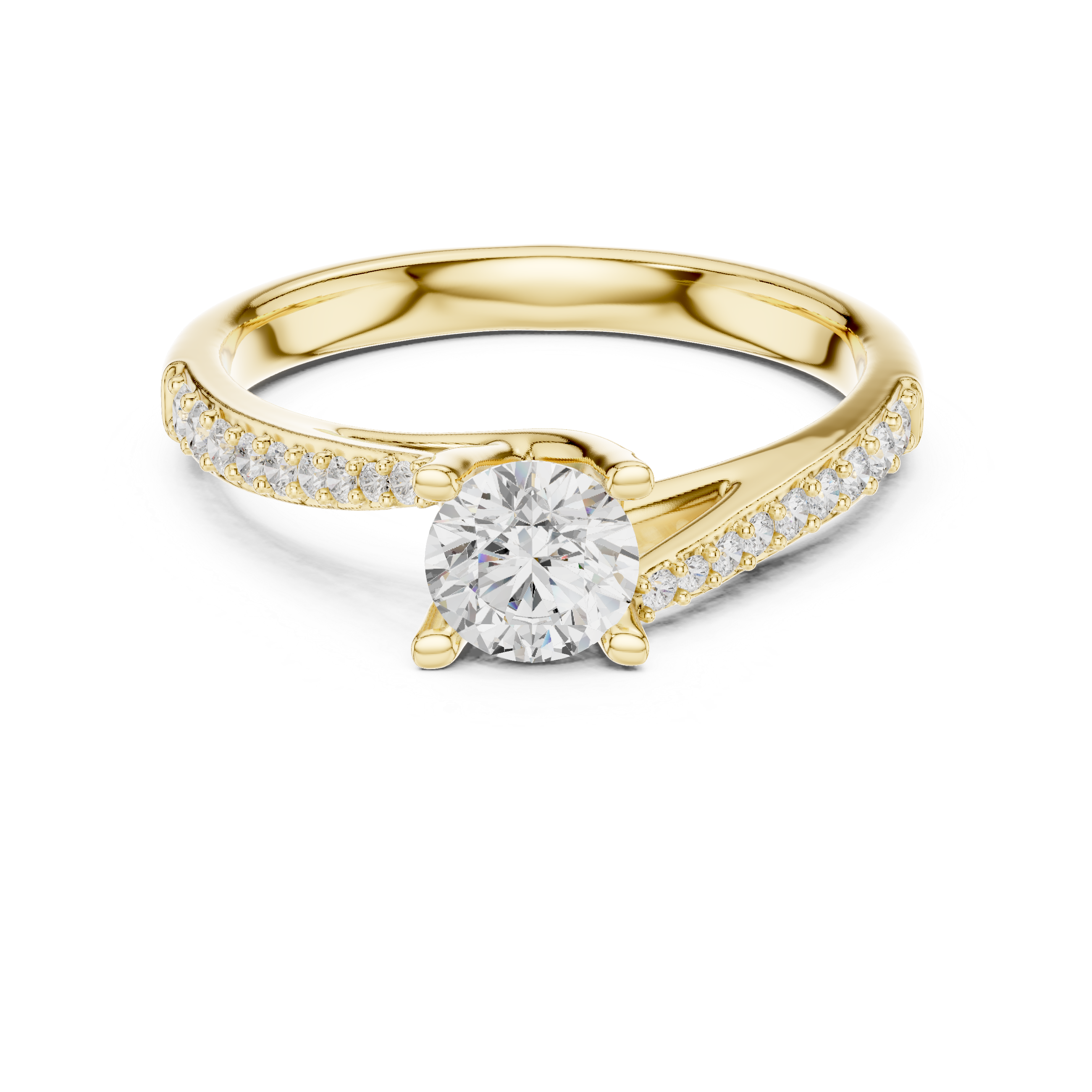 Round Brilliant Diamond Channel Set Side Stone Engagement Ring with Tapered Pavé Band