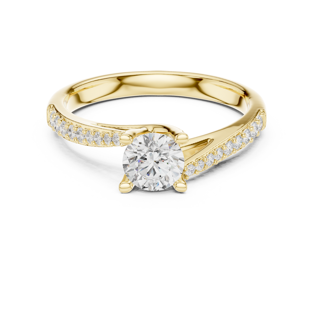 Round Brilliant Diamond Channel Set Side Stone Engagement Ring with Tapered Pavé Band