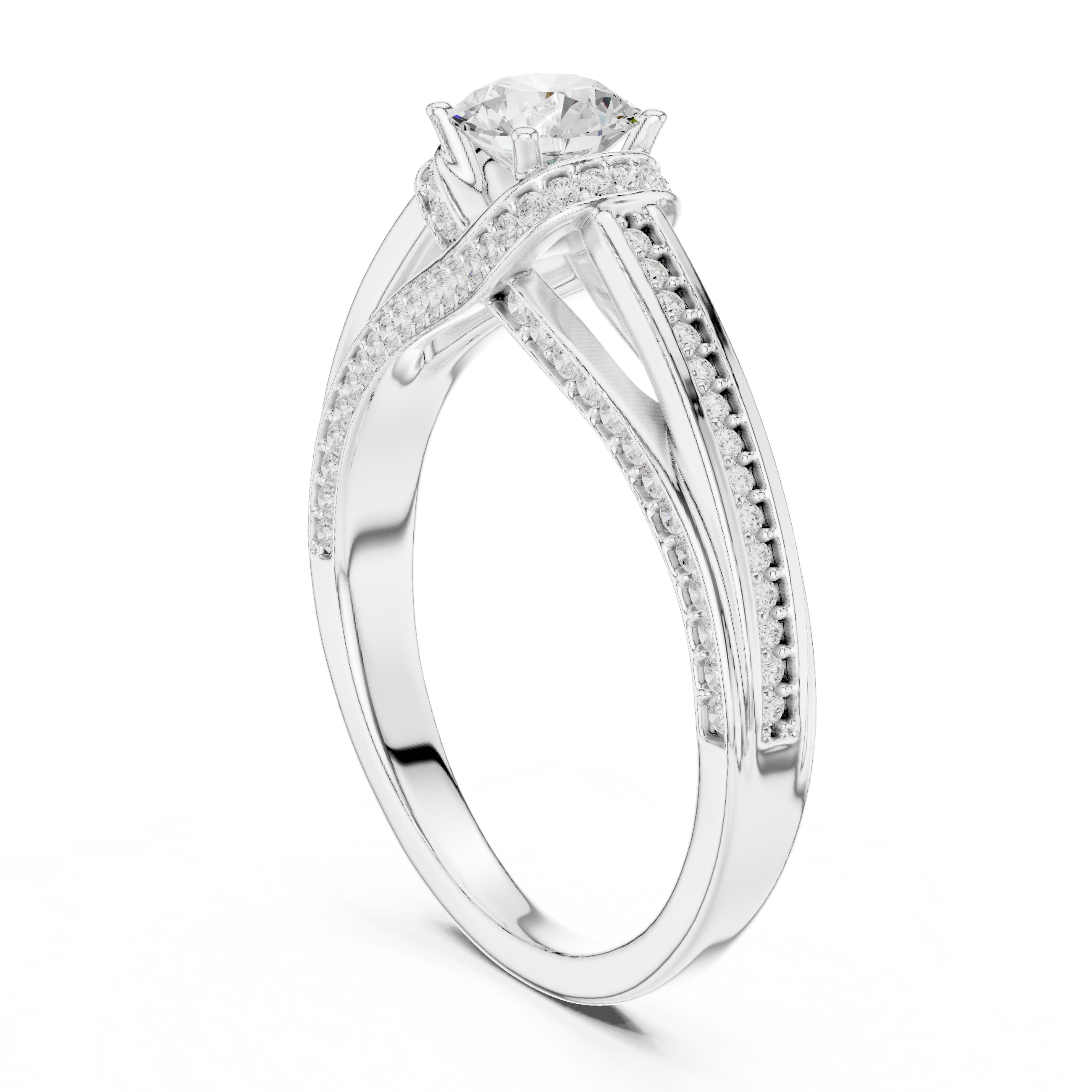 Round Brilliant Diamond Pavé Split Shank Side Stone Engagement Ring