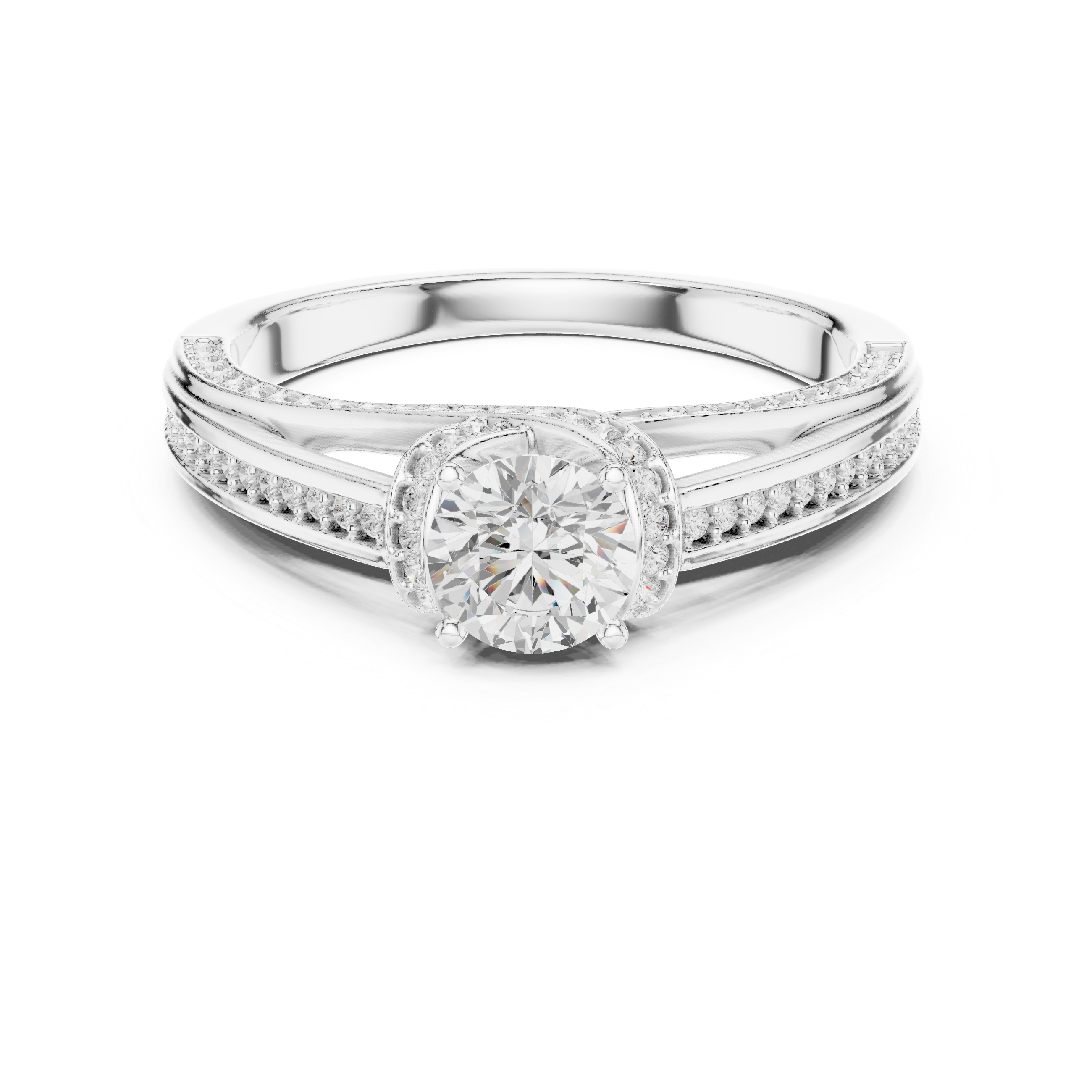 Round Brilliant Diamond Pavé Split Shank Side Stone Engagement Ring