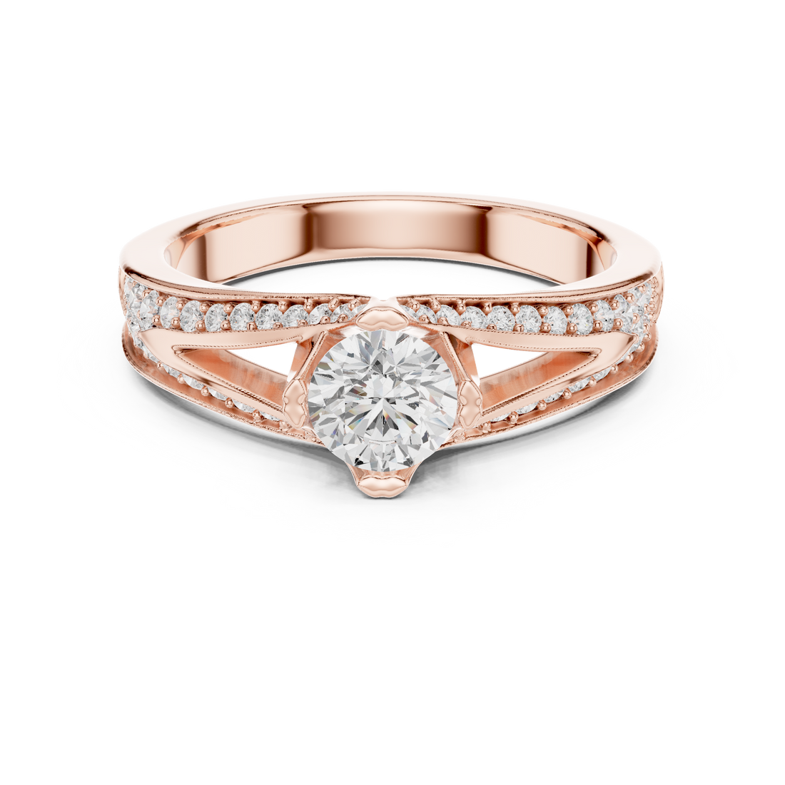 Round Brilliant Diamond Solitaire with Pavé Side Stone Cathedral Band