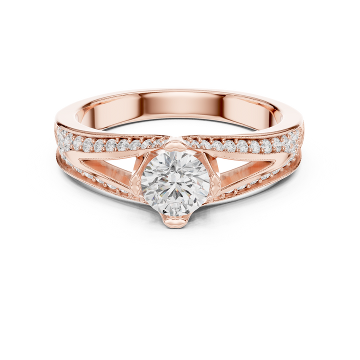 Round Brilliant Diamond Solitaire with Pavé Side Stone Cathedral Band