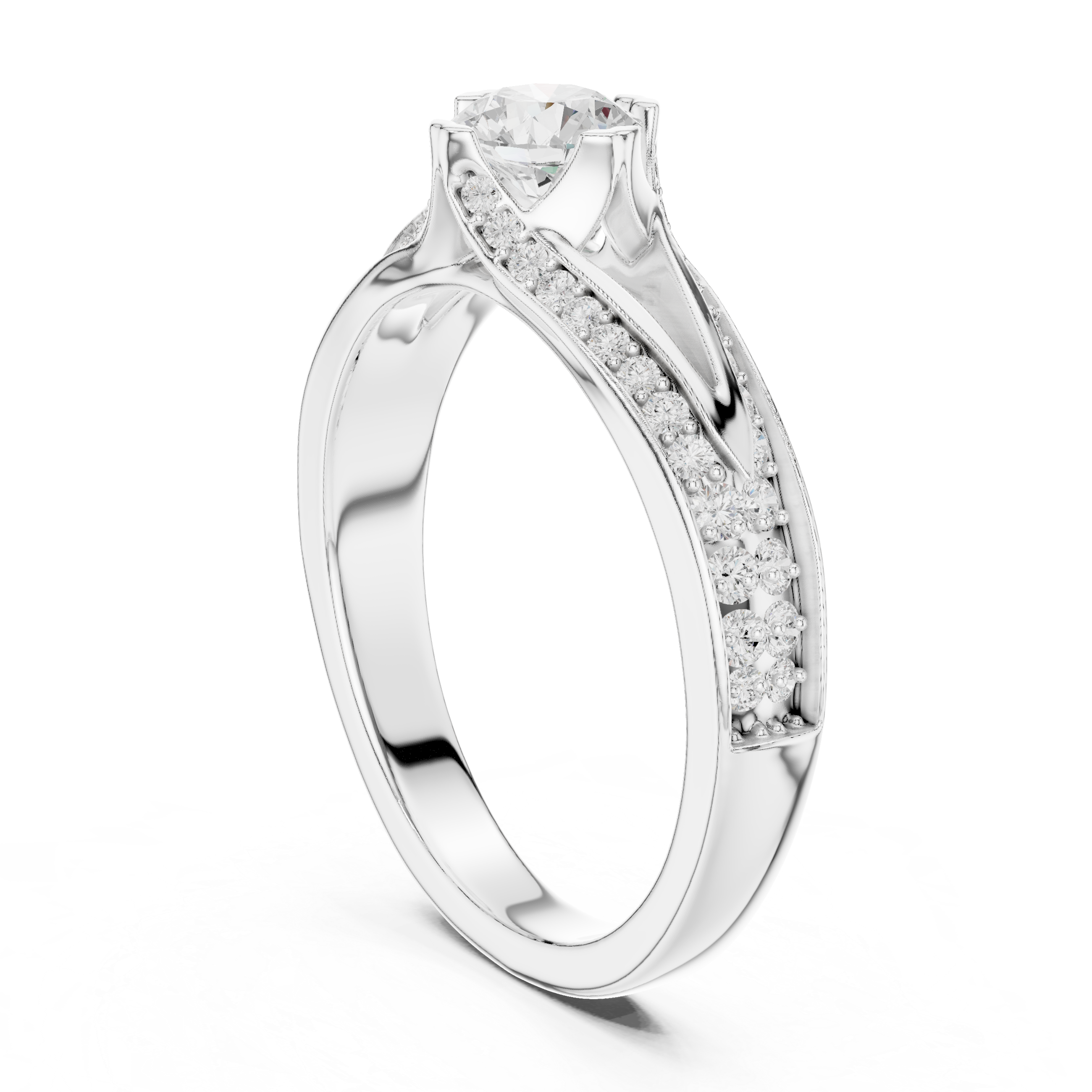 Round Brilliant Diamond Solitaire with Pavé Side Stone Cathedral Band