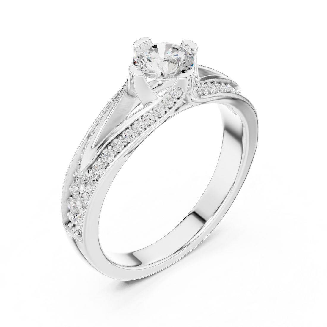 Round Brilliant Diamond Solitaire with Pavé Side Stone Cathedral Band