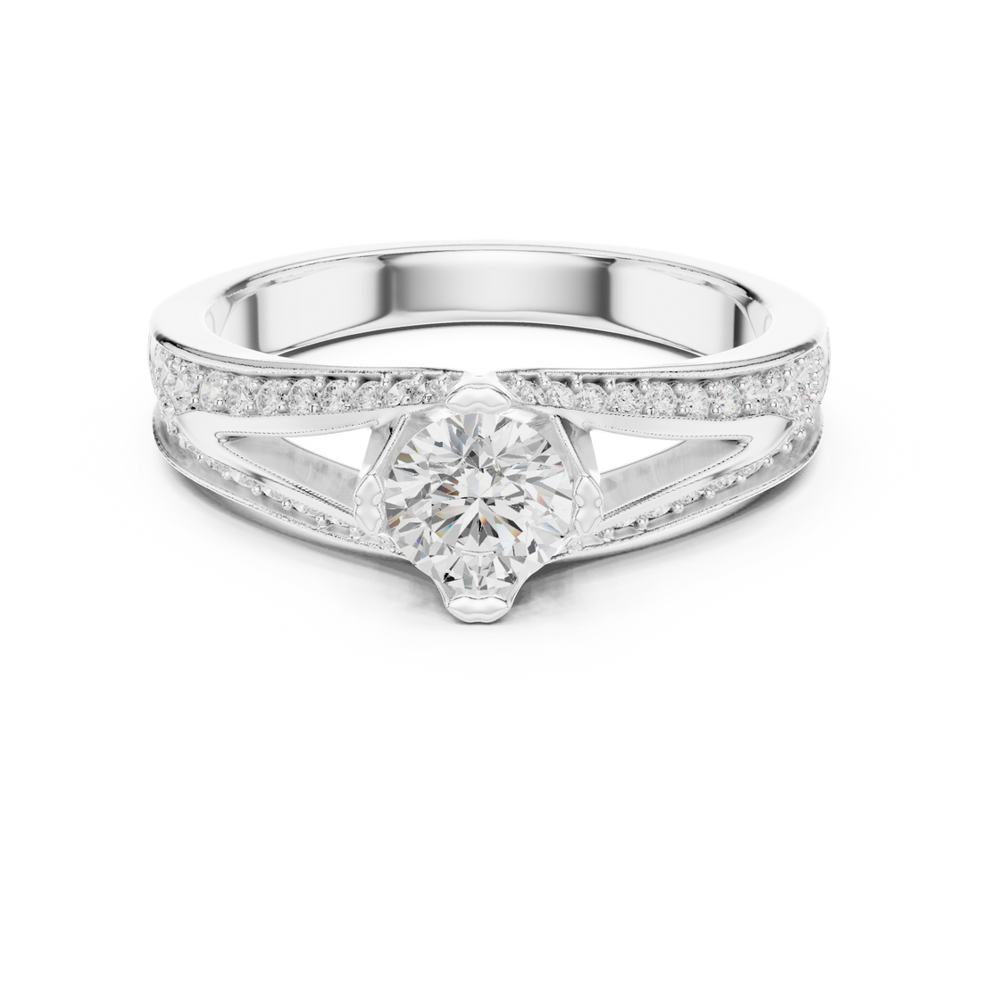 Round Brilliant Diamond Solitaire with Pavé Side Stone Cathedral Band