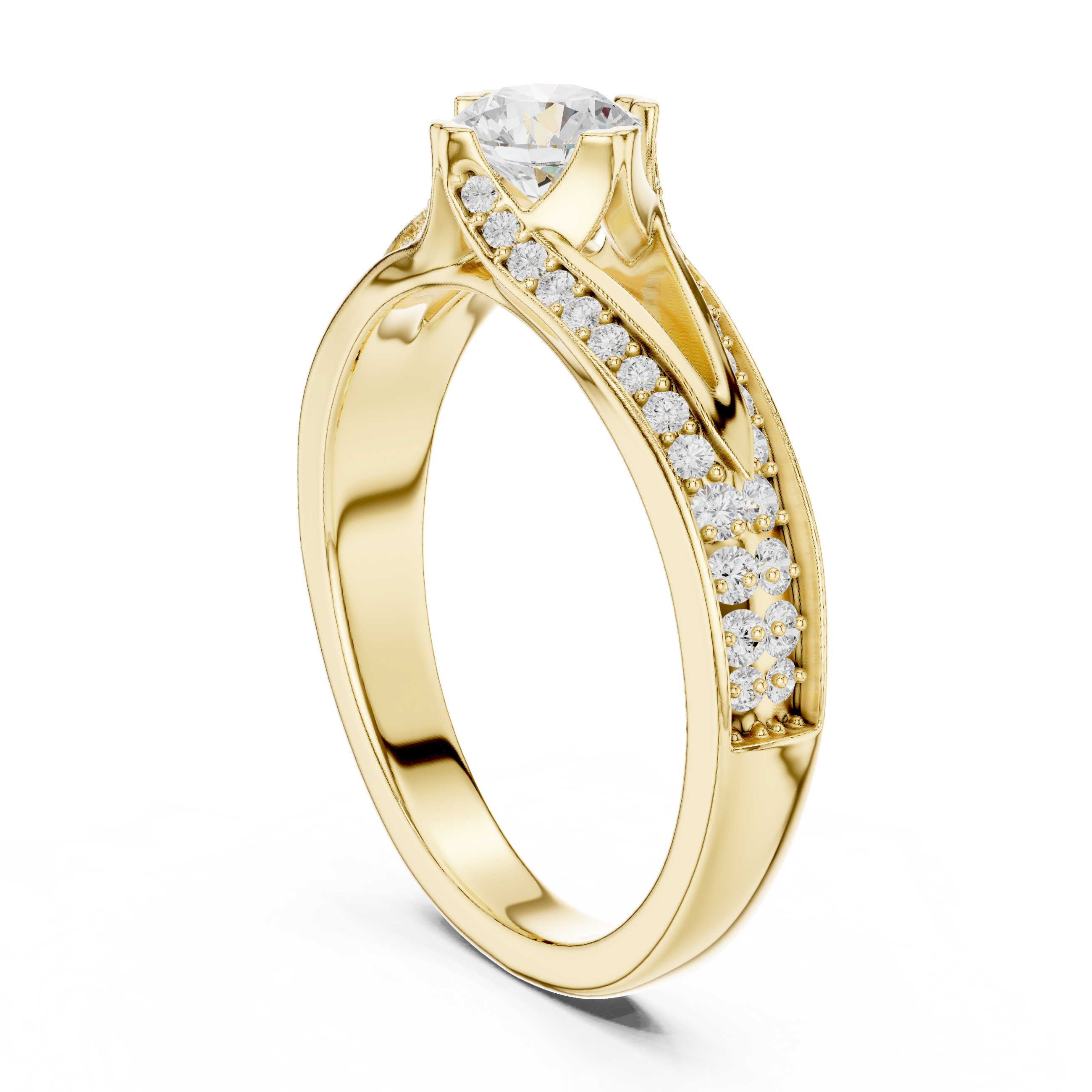 Round Brilliant Diamond Solitaire with Pavé Side Stone Cathedral Band