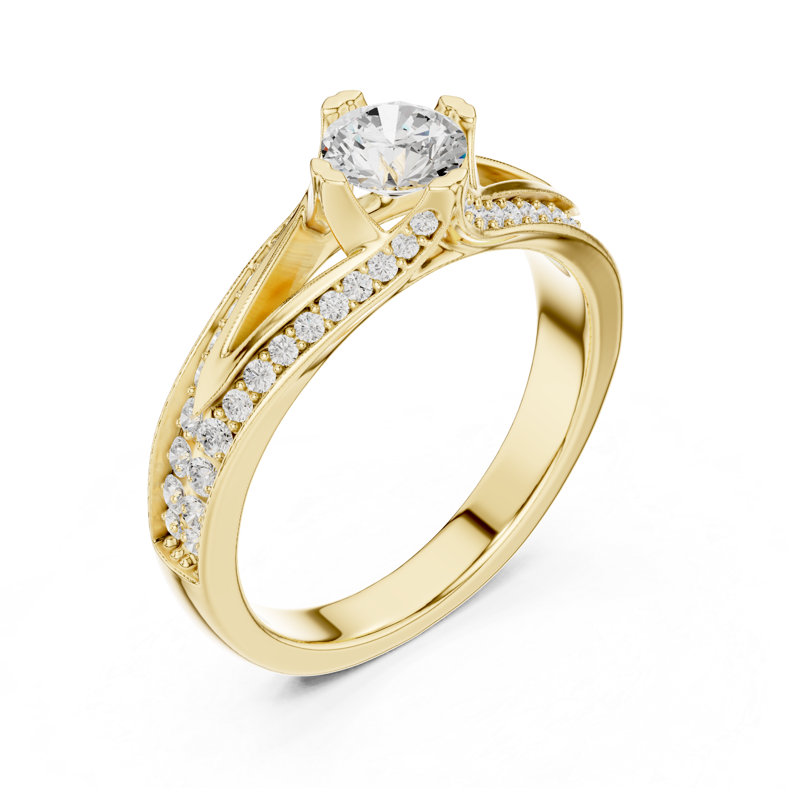 Round Brilliant Diamond Solitaire with Pavé Side Stone Cathedral Band