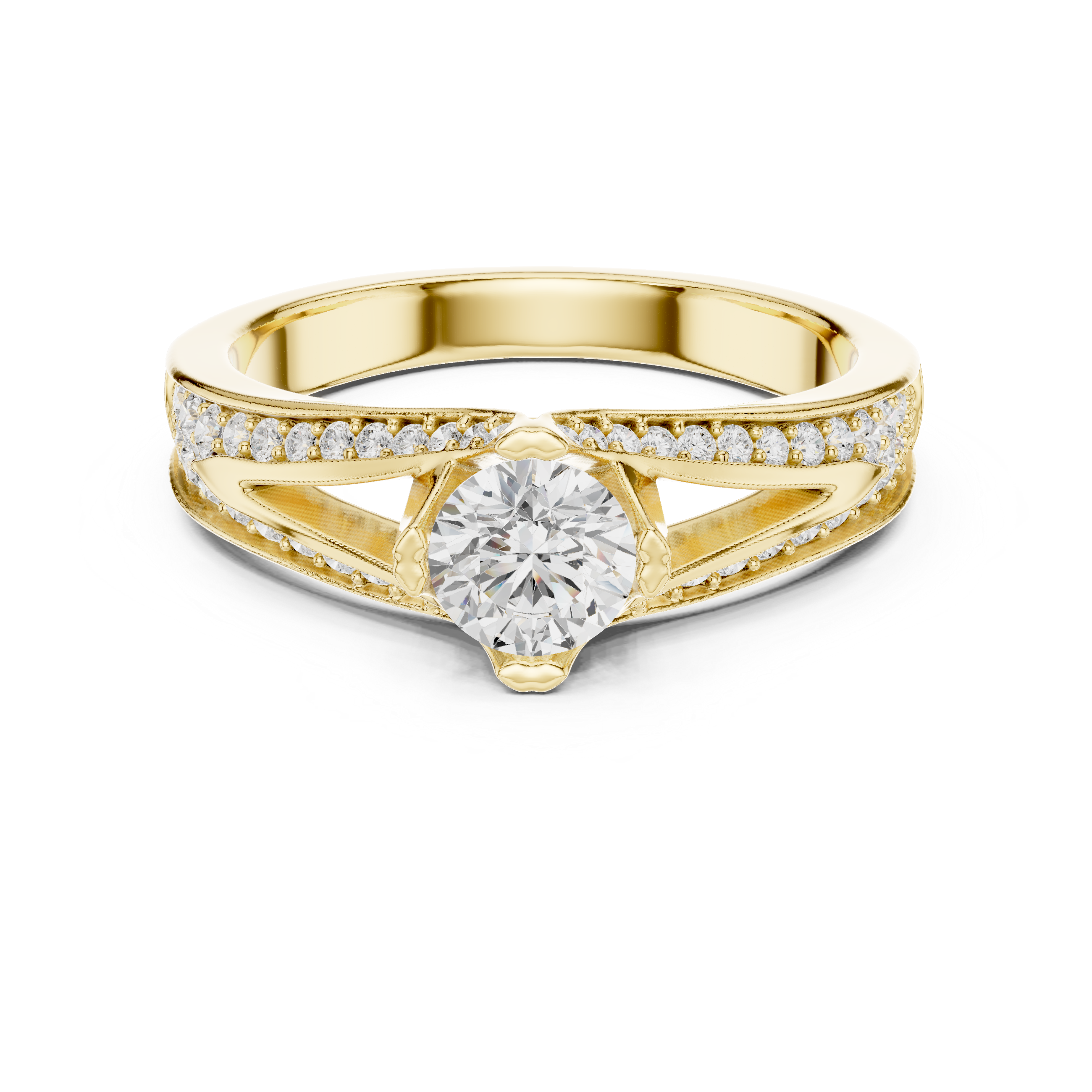 Round Brilliant Diamond Solitaire with Pavé Side Stone Cathedral Band