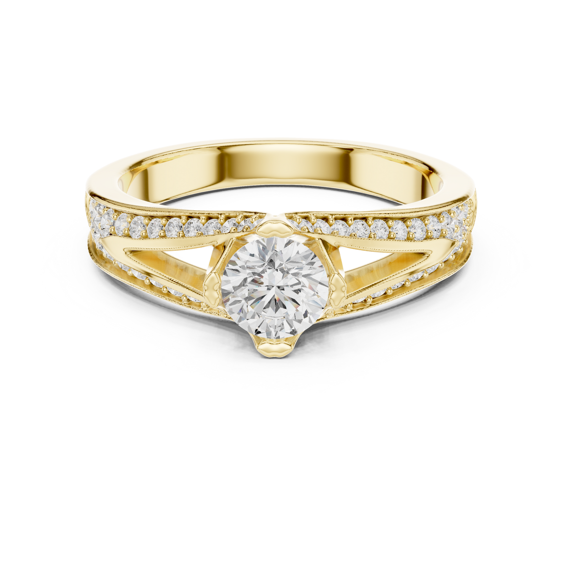 Round Brilliant Diamond Solitaire with Pavé Side Stone Cathedral Band