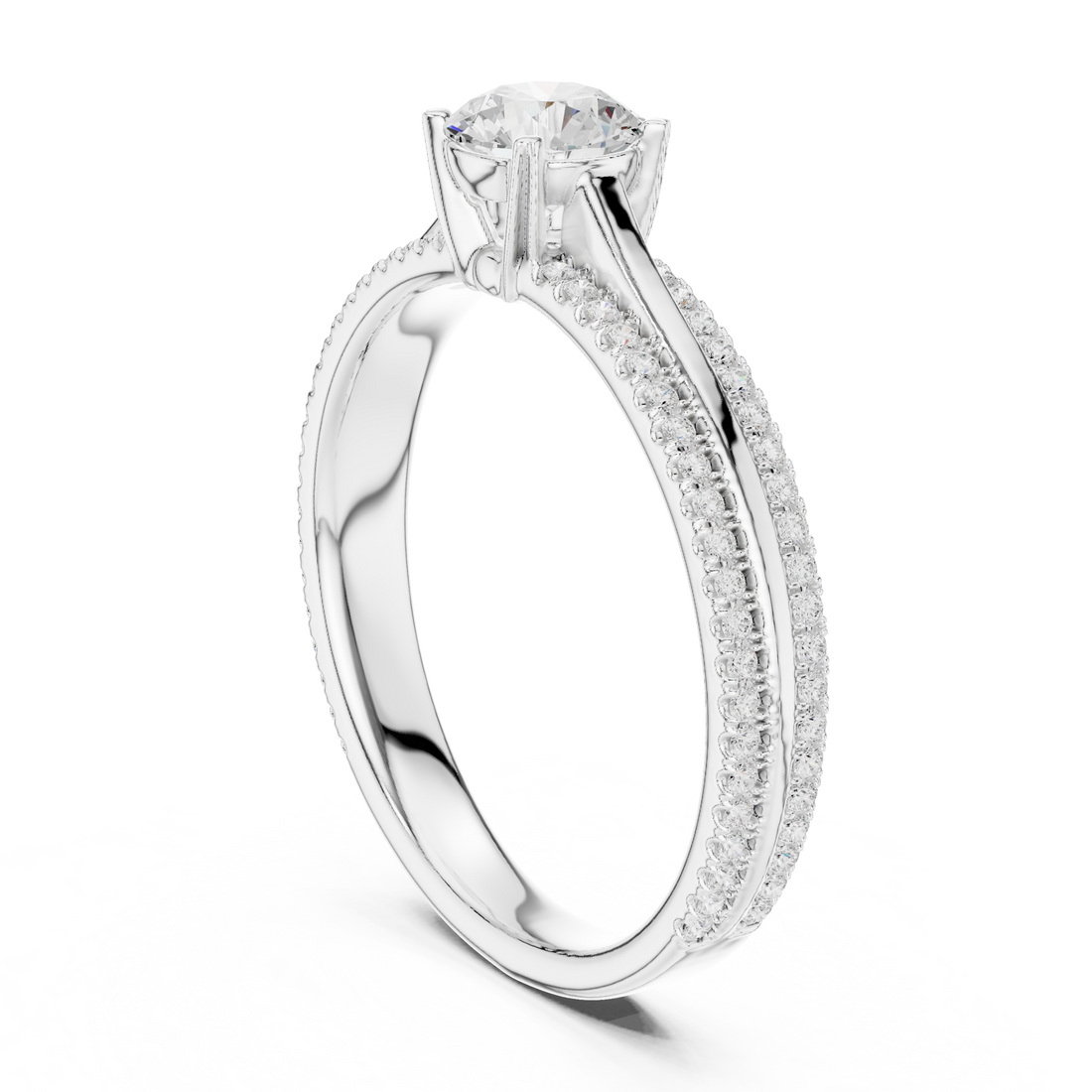Round Brilliant Diamond Solitaire with Double Row Pavé Band