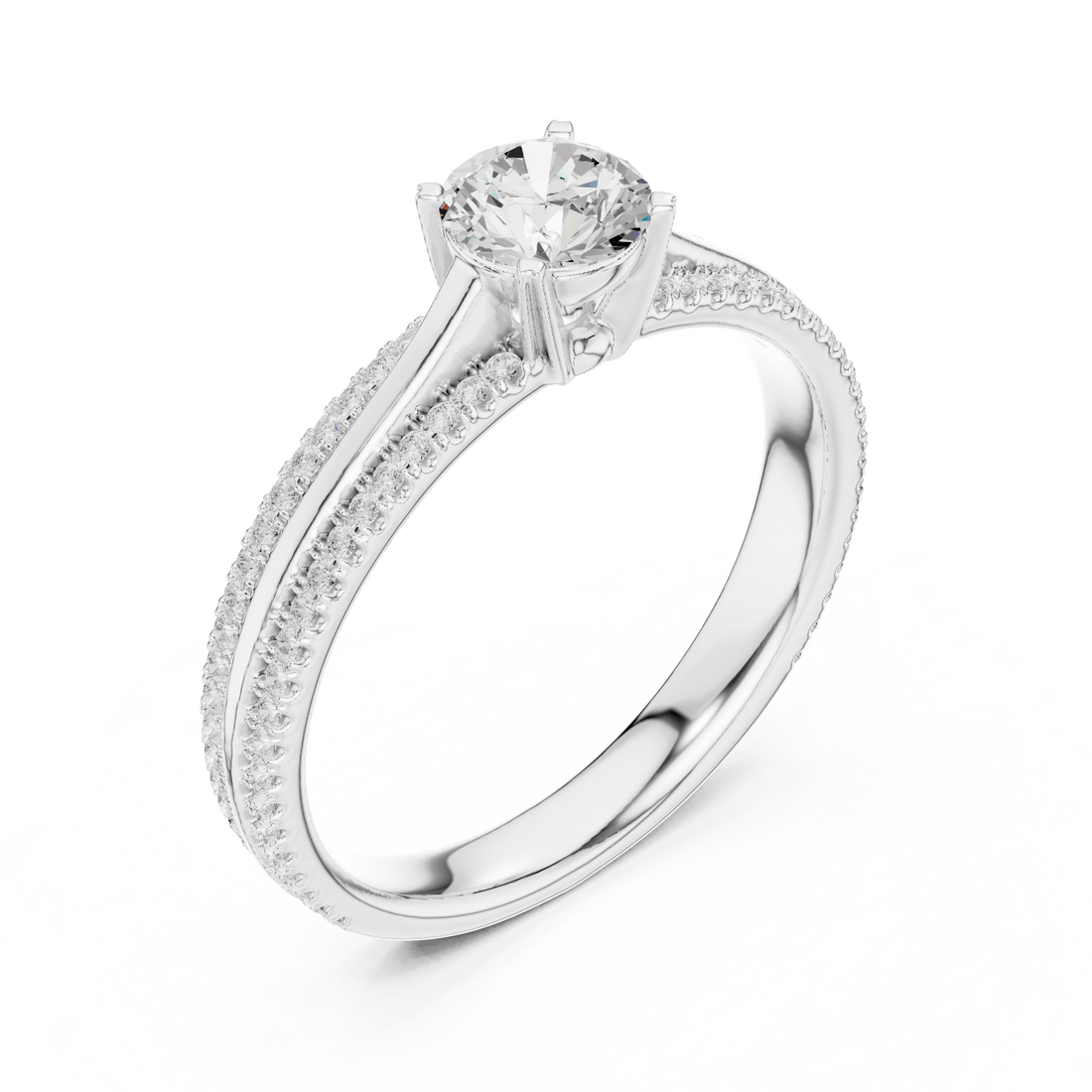 Round Brilliant Diamond Solitaire with Double Row Pavé Band