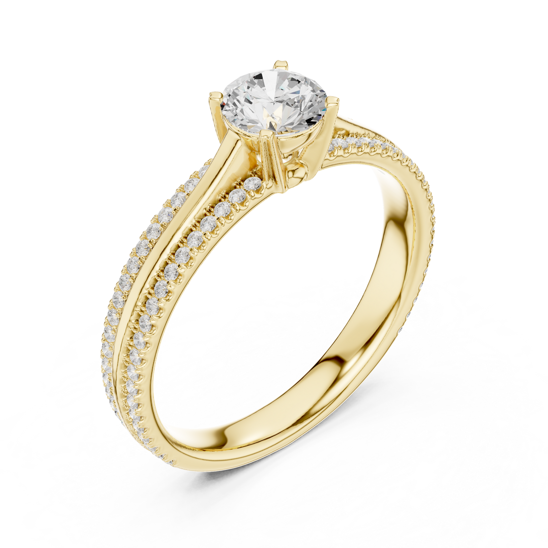 Round Brilliant Diamond Solitaire with Double Row Pavé Band