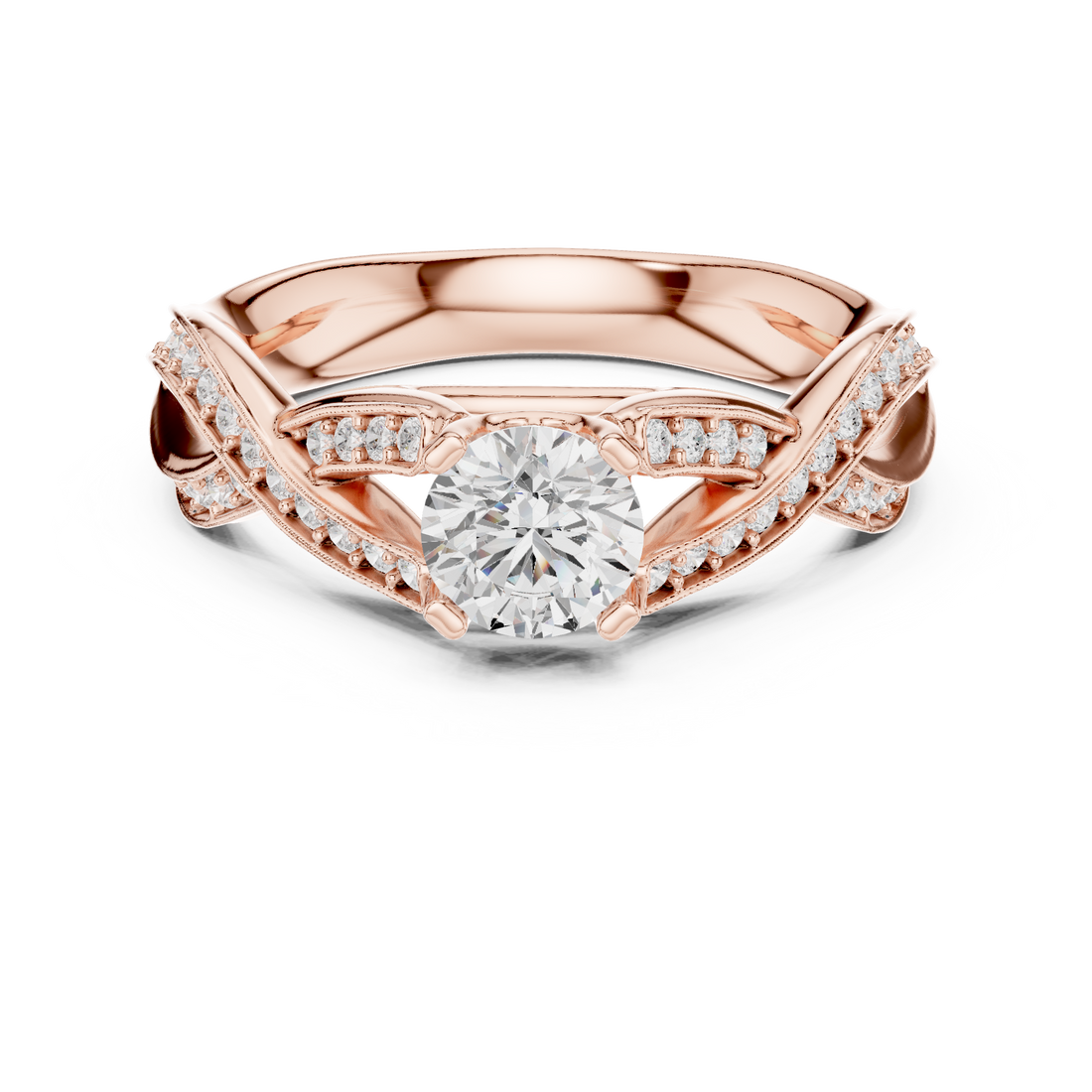 Round Brilliant Diamond Twist Pavé Solitaire Engagement Ring with Split Shank Elegance