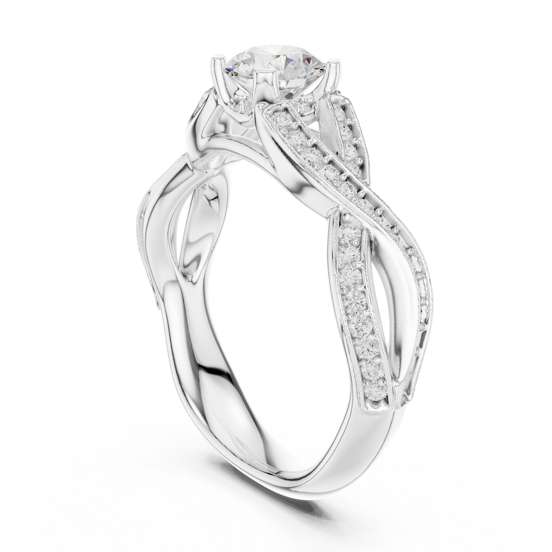 Round Brilliant Diamond Twist Pavé Solitaire Engagement Ring with Split Shank Elegance