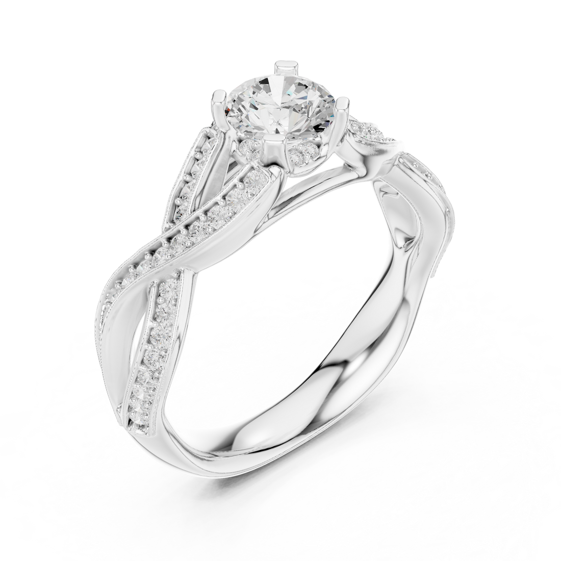 Round Brilliant Diamond Twist Pavé Solitaire Engagement Ring with Split Shank Elegance