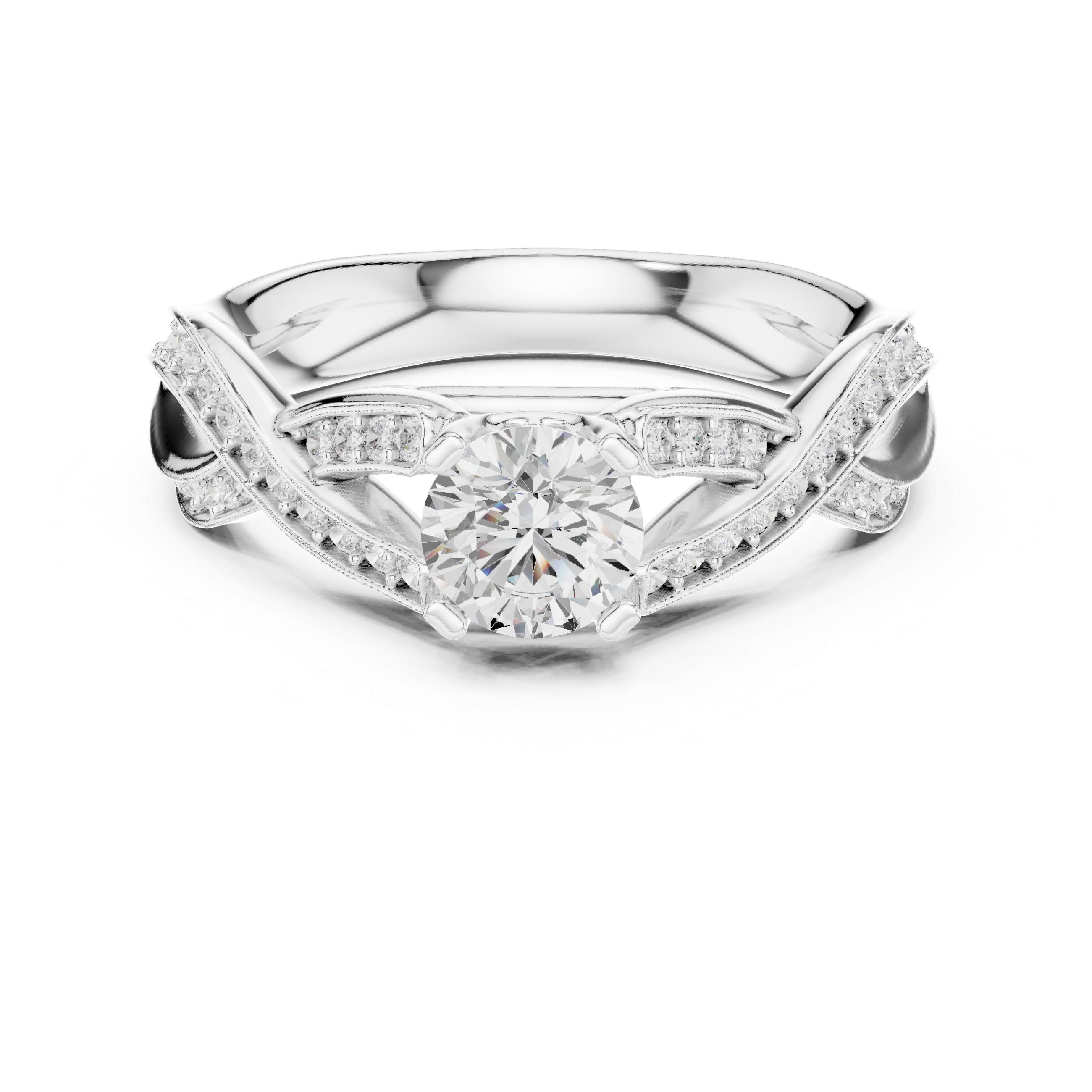Round Brilliant Diamond Twist Pavé Solitaire Engagement Ring with Split Shank Elegance