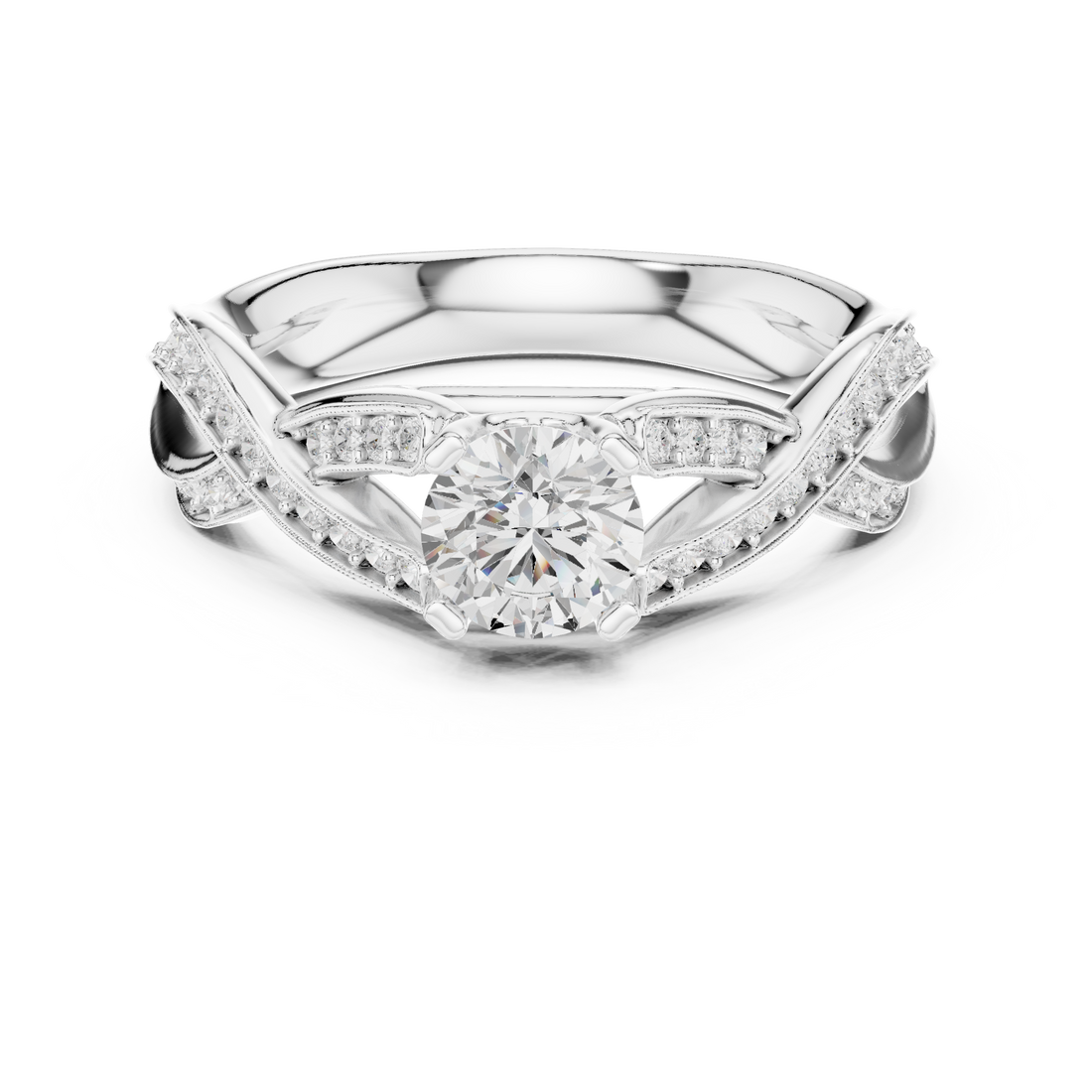 Round Brilliant Diamond Twist Pavé Solitaire Engagement Ring with Split Shank Elegance