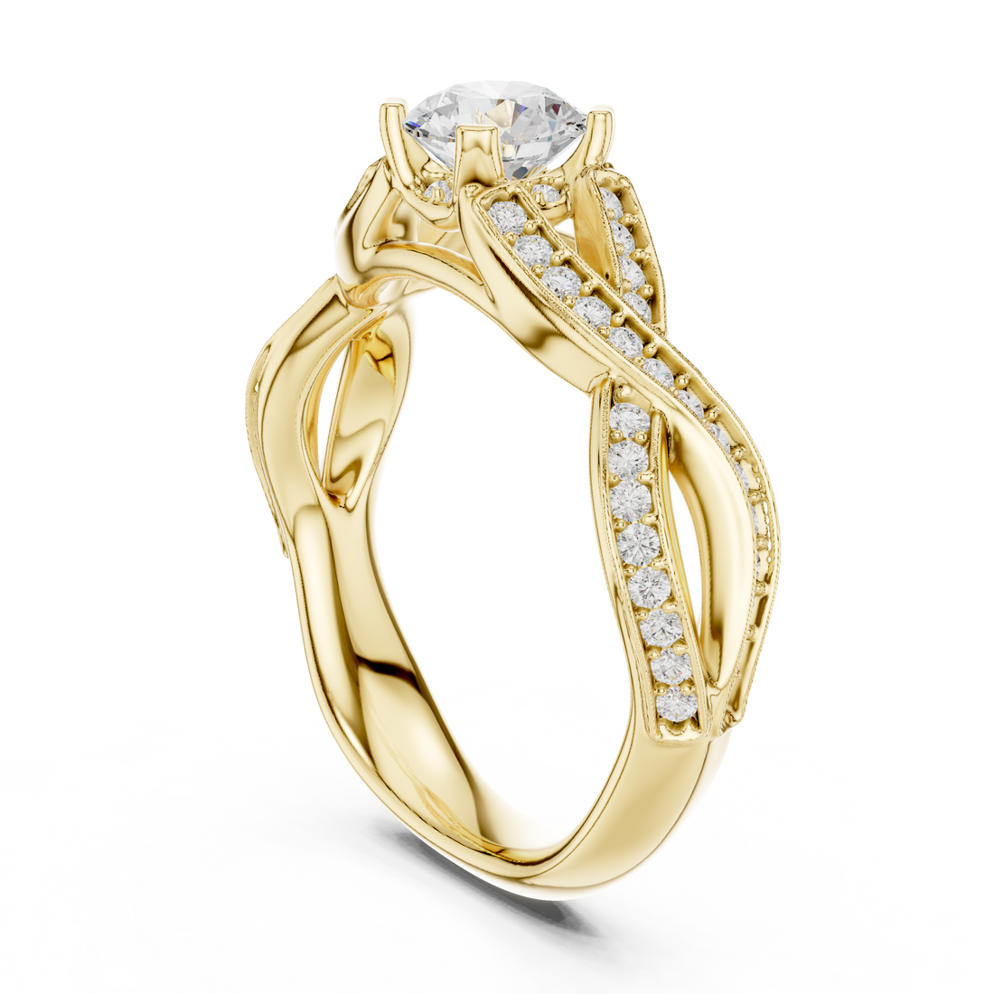 Round Brilliant Diamond Twist Pavé Solitaire Engagement Ring with Split Shank Elegance