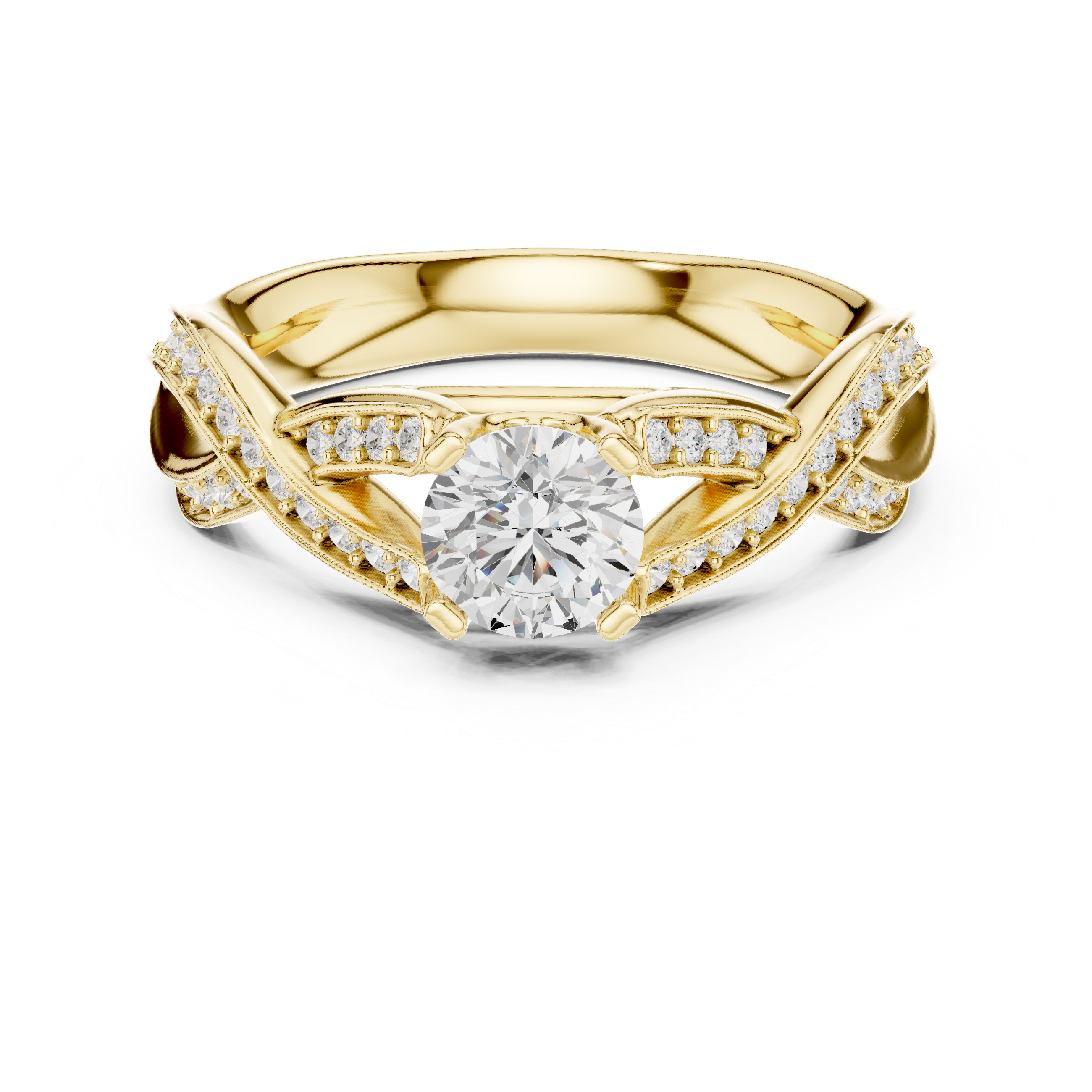 Round Brilliant Diamond Twist Pavé Solitaire Engagement Ring with Split Shank Elegance