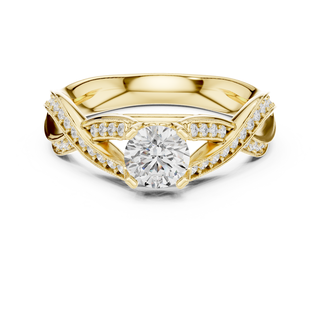 Round Brilliant Diamond Twist Pavé Solitaire Engagement Ring with Split Shank Elegance