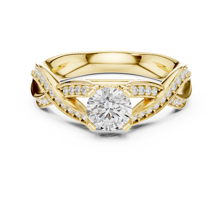 Round Brilliant Diamond Twist Pavé Solitaire Engagement Ring with Split Shank Elegance