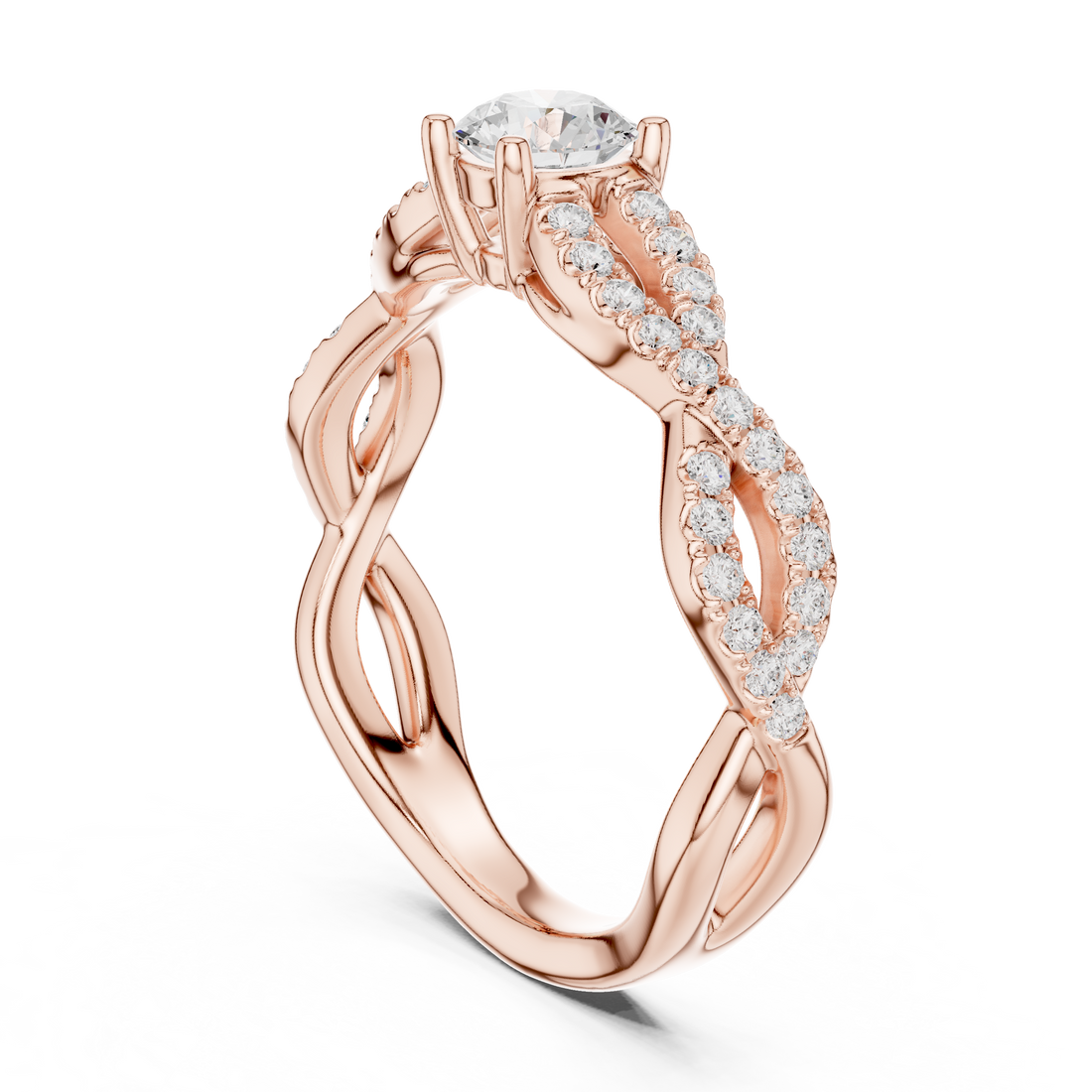 Round Brilliant Diamond Twist Pavé Split Shank Solitaire Engagement Ring Elegance