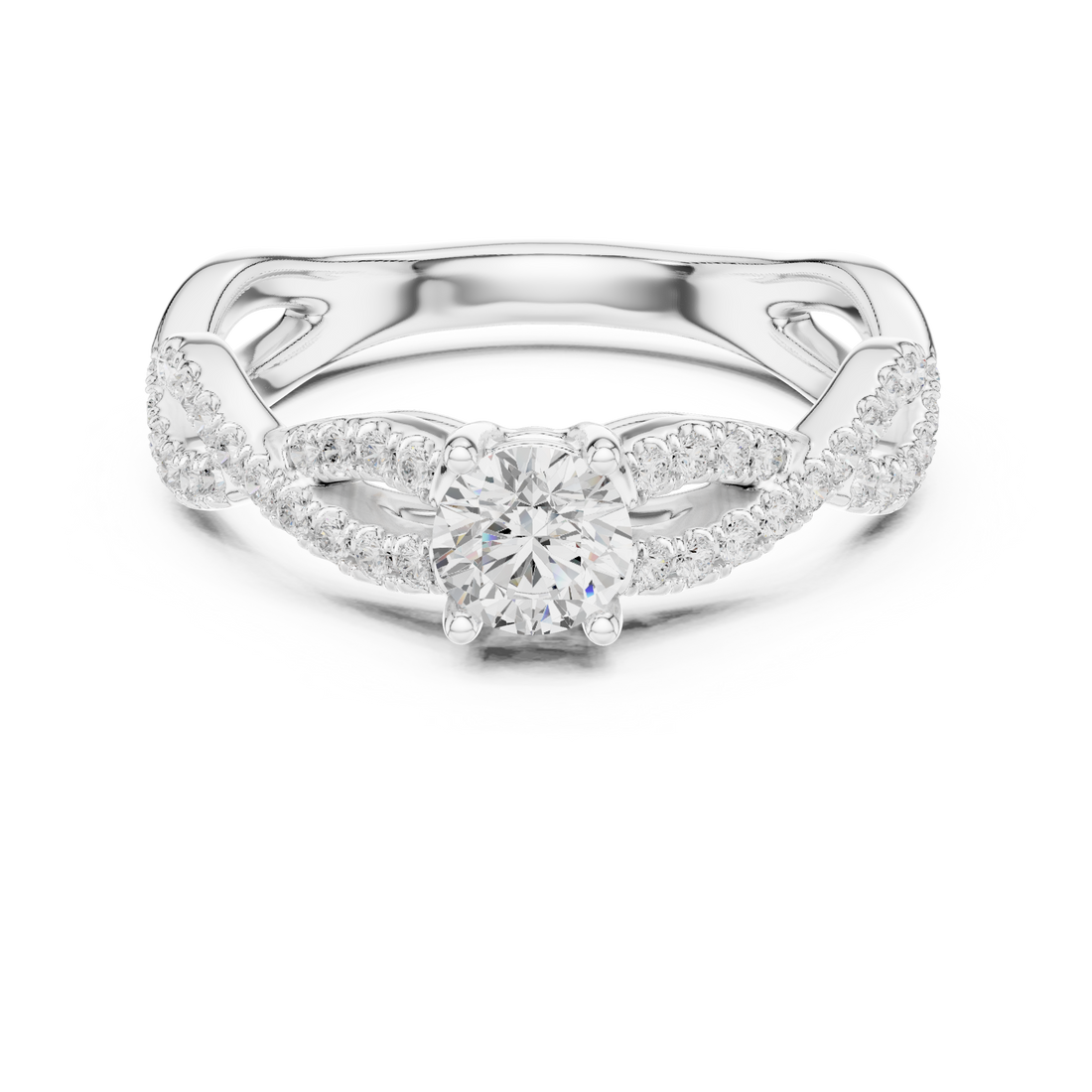 Round Brilliant Diamond Twist Pavé Split Shank Solitaire Engagement Ring Elegance