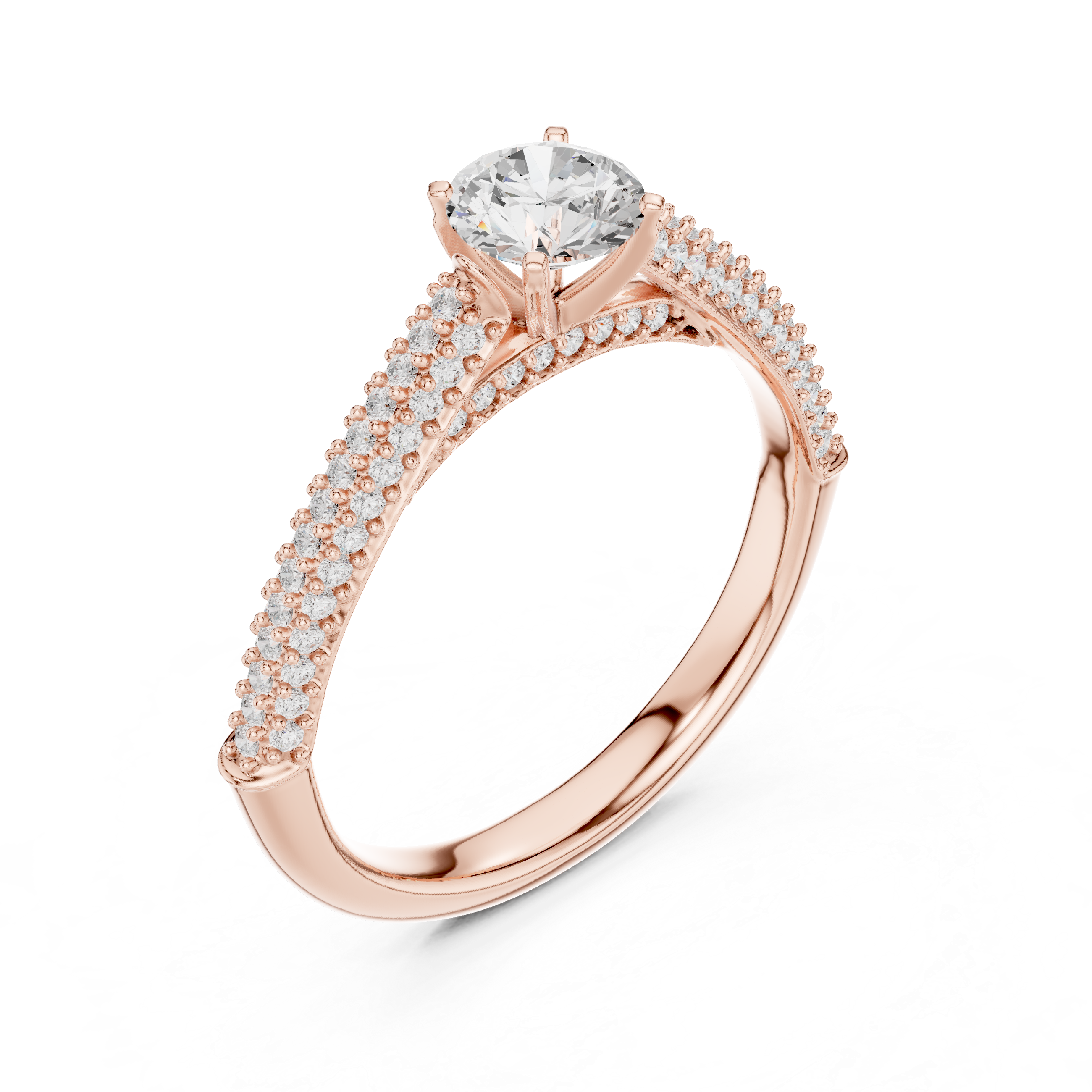 Round Brilliant Diamond Double Pavé Shoulder Solitaire Engagement Ring Luminous Elegance