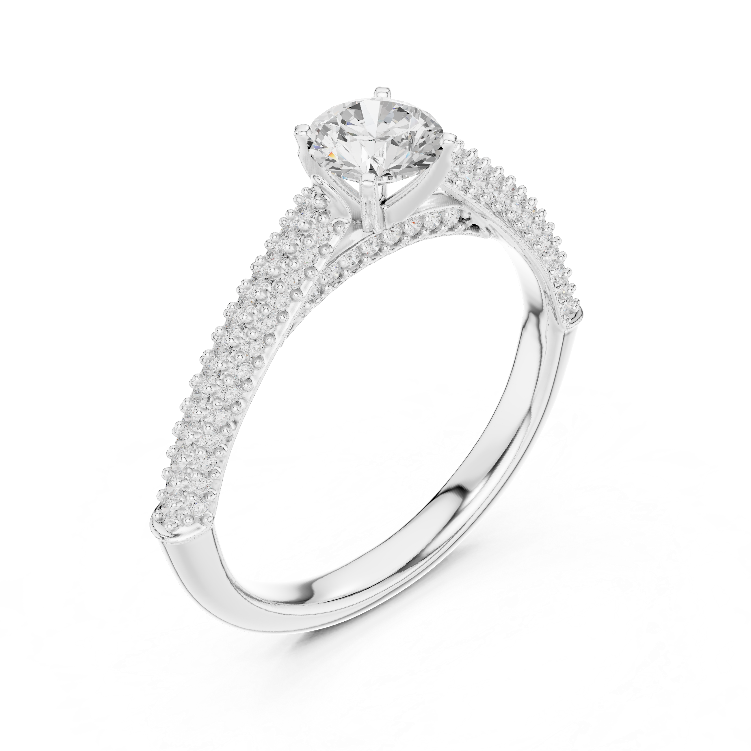 Round Brilliant Diamond Double Pavé Shoulder Solitaire Engagement Ring Luminous Elegance